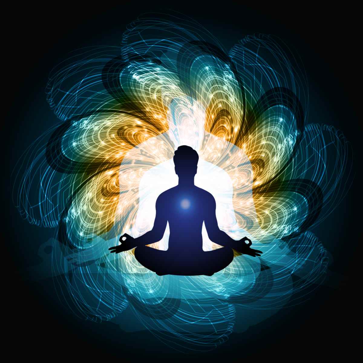 Silhouette of a person meditating with colourful life force energy waves on a dark background