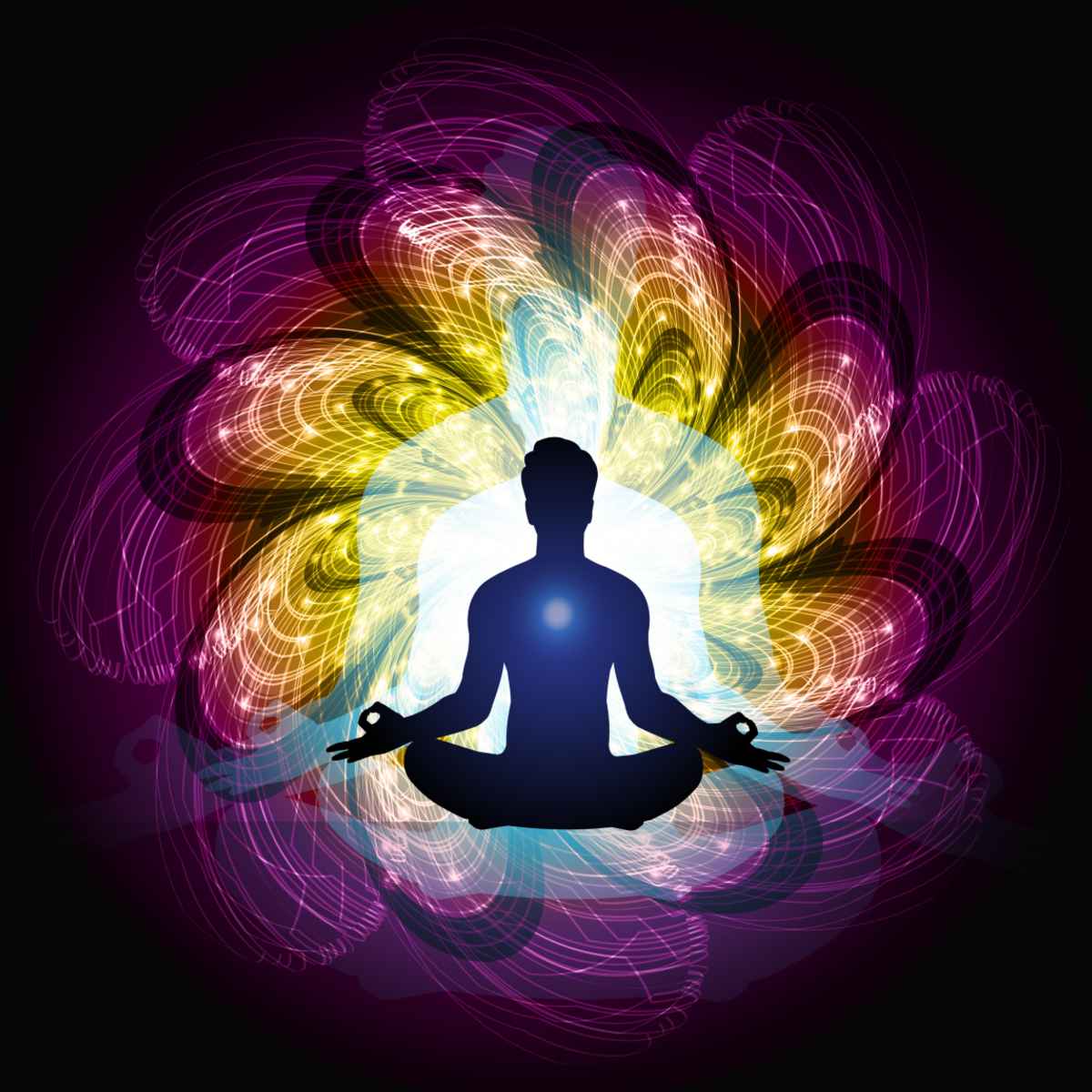 Silhouette of a person in a yoga pose surrounded by a vibrant purple, yellow, and blue geometric energy lotus.
