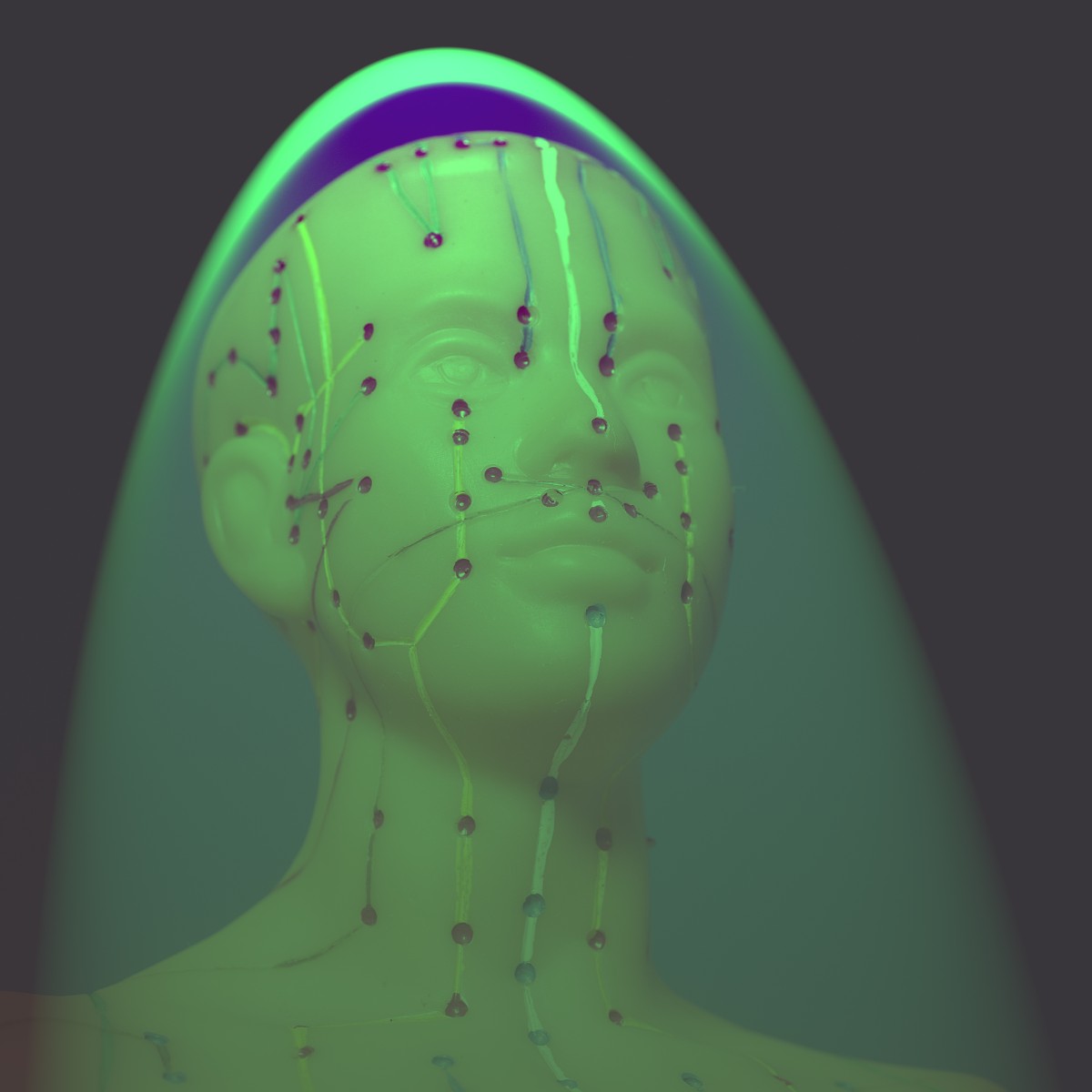 Mannequin head with acupuncture lines and meridians, and green dimensional light on a dark background.