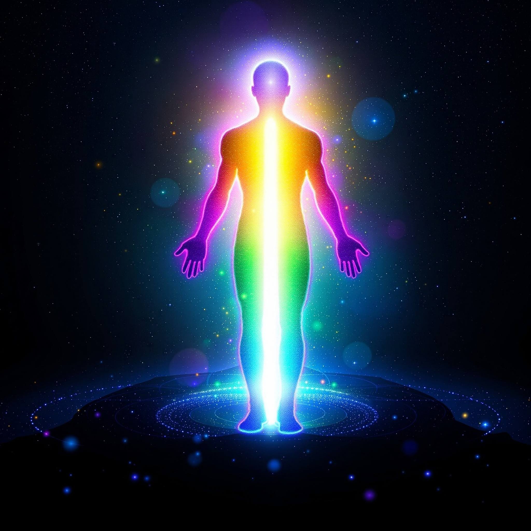 A radiant, rainbow-coloured figure with a bright light core, representing mind body spirit immunity alignment.