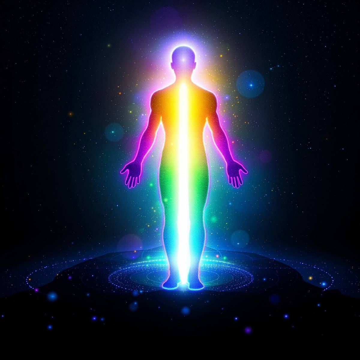 Colourful depiction of a human figure with energy fields on a dark background.