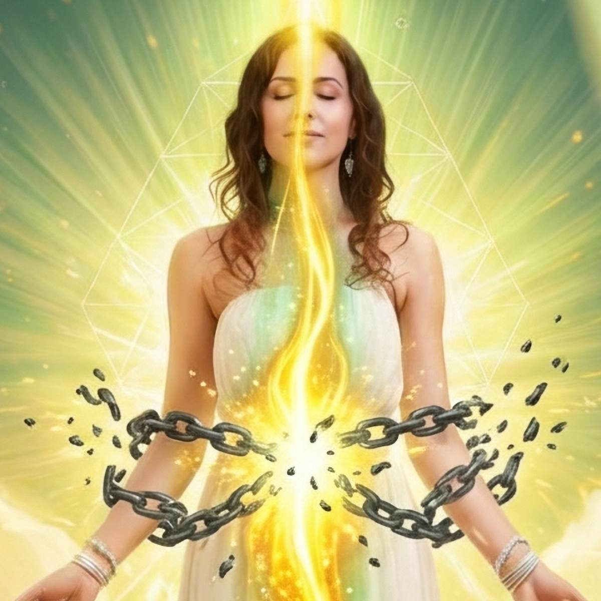 Woman releasing scarcity chains with gold light: Money Flow Activation, Abundance & Debt Release.