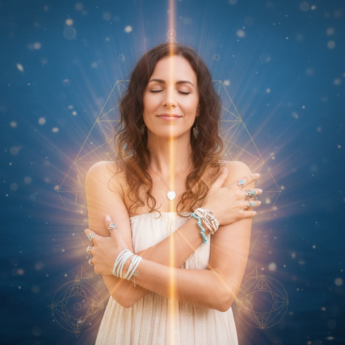 Serene figure embracing their body, bathed in luminous golden-orange light against a deep blue, ethereal background.