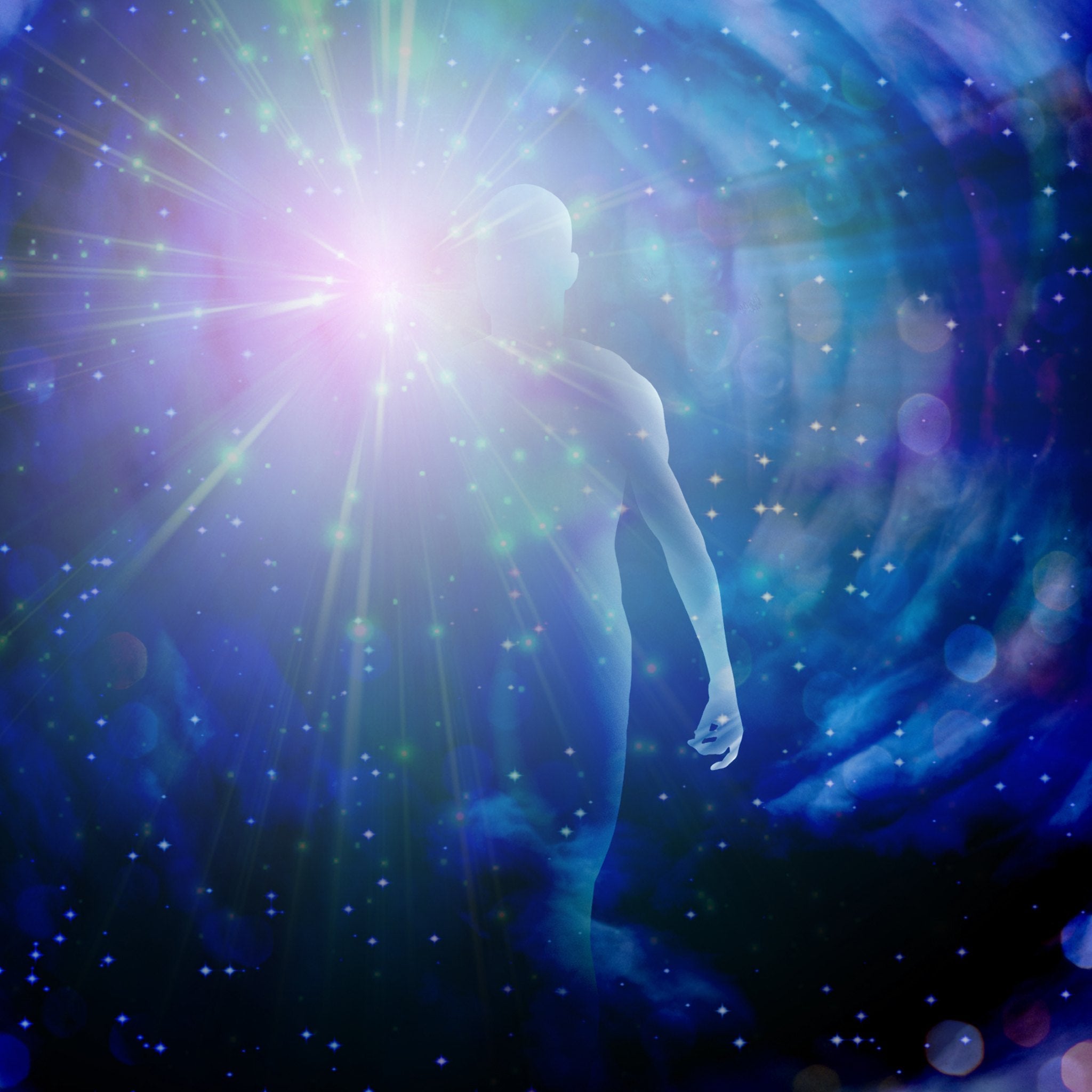A glowing blue figure with a bright starburst emerging from its head, set against a dark, cosmic background.