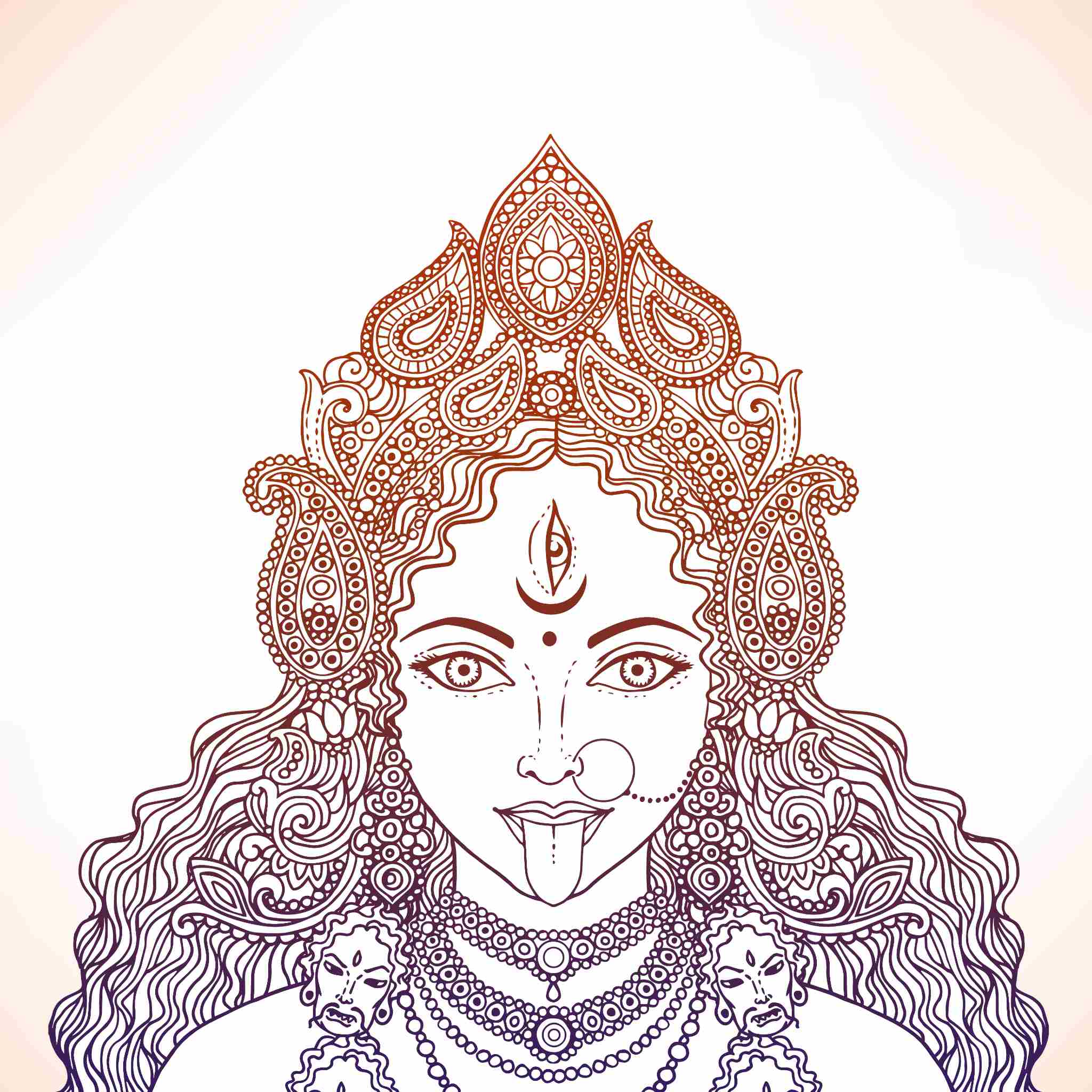 A beautiful, detailed line-art illustration of Goddess Kali, showing her face adorned with a decorative crown and intricate jewellery, her tongue sticking out, and small demonic faces hanging from her necklace. The line work has an outline effect in copper, red, and purple shades.