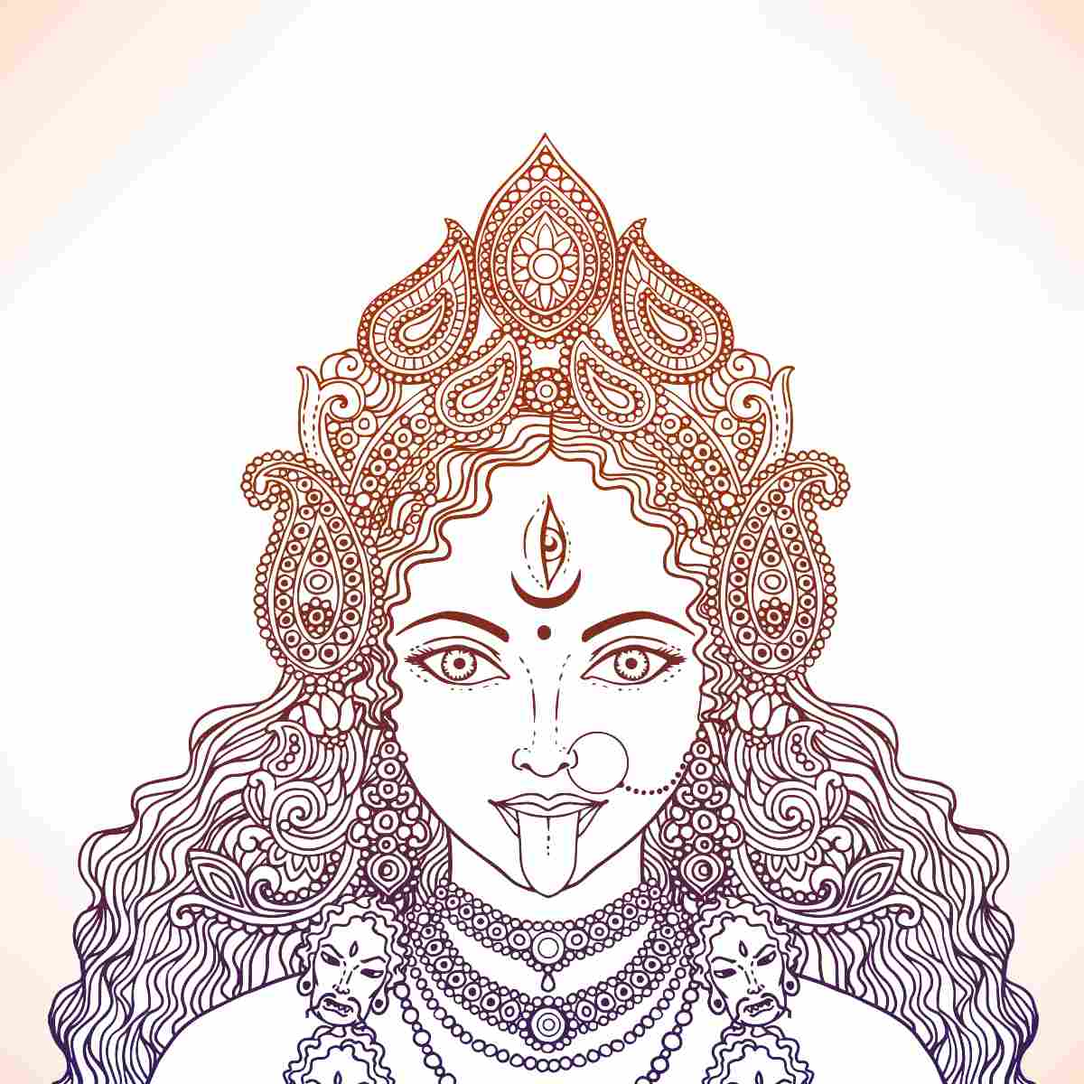 Detailed line drawing of Goddess Kali with intricate patterns on a white background.