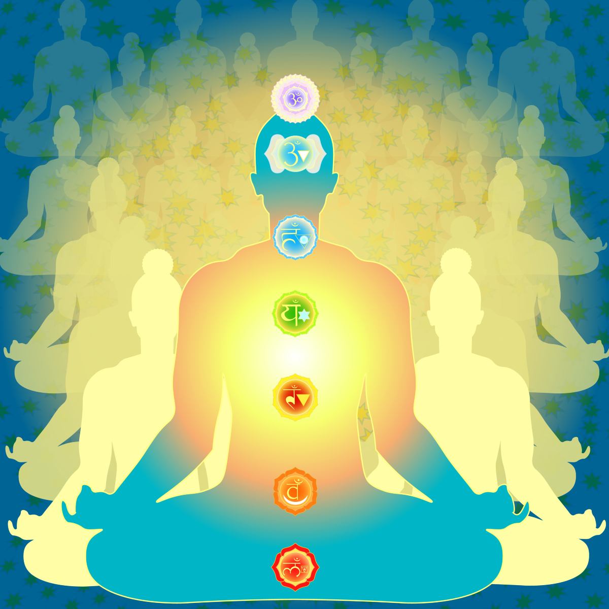 Illustration of a person meditating surrounded by fainter glowing silhouettes representing past lives.