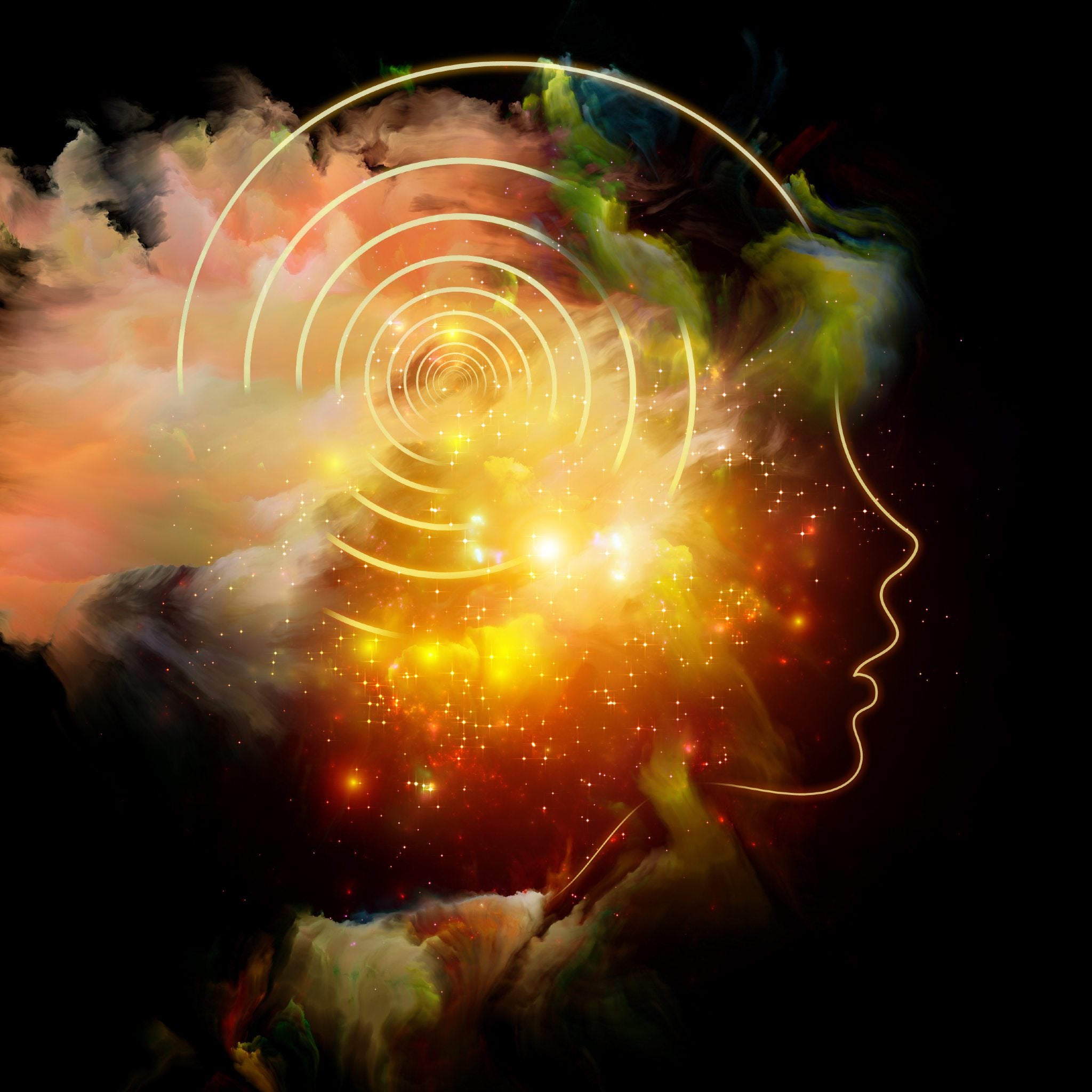 An abstract profile silhouette of a human head filled with swirling, glowing colours of yellow, orange, and red smoke or clouds, with a series of concentric golden rings emanating from the centre of the forehead/pineal area.