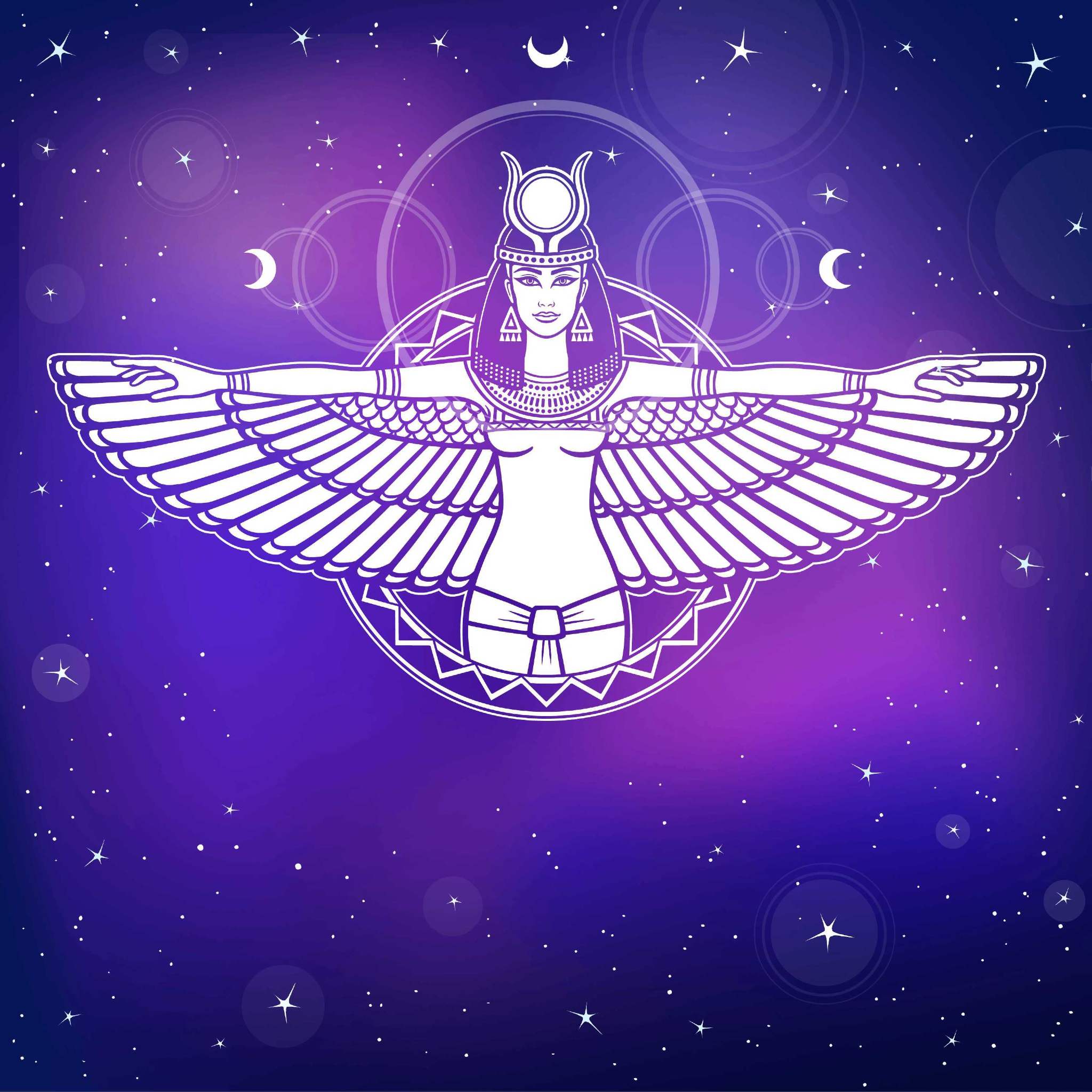 White line art of the winged Goddess Aset (Isis) on a purple starry background, suggesting ultimate pineal chakra activation.