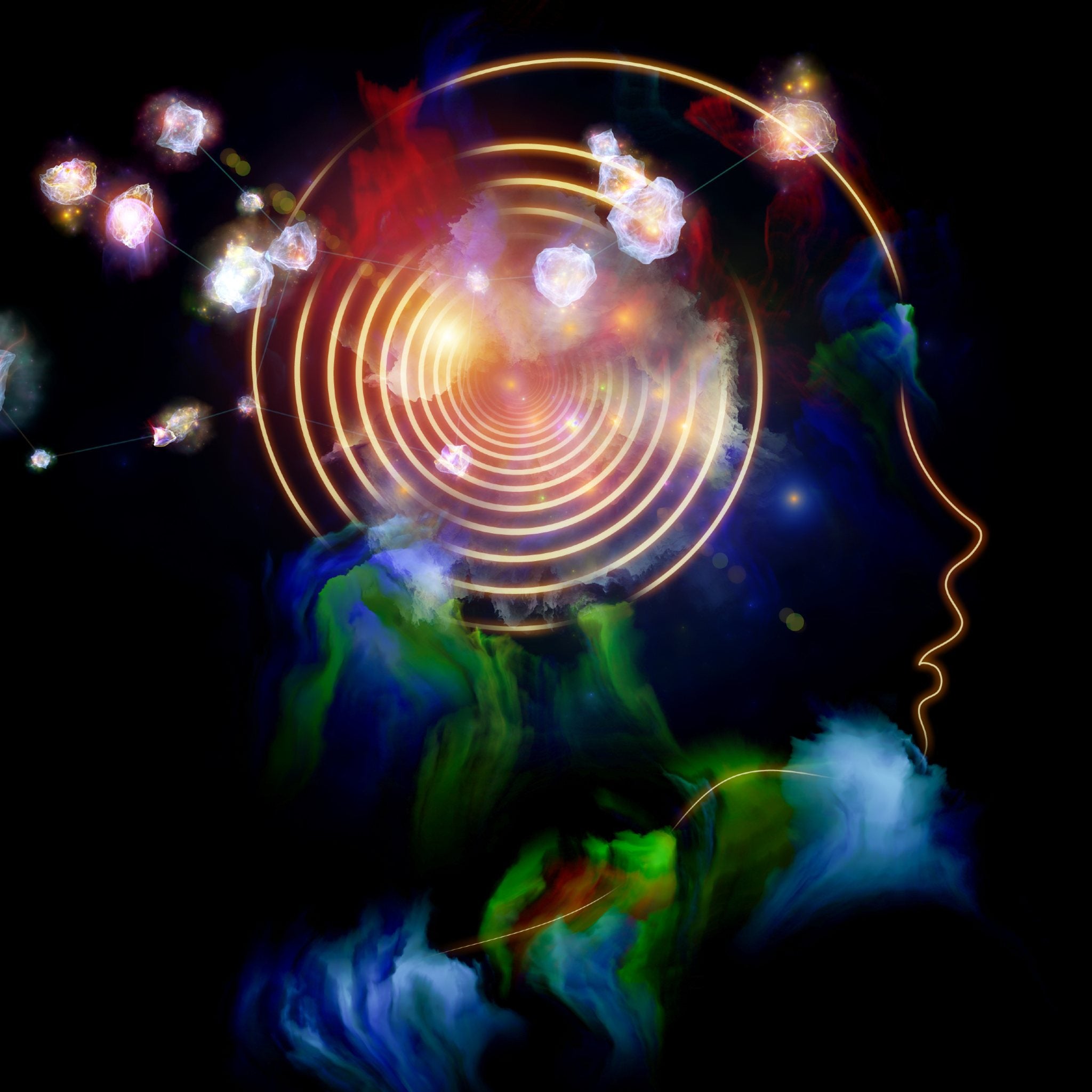 A glowing gold spiral tunnel emerging from a pineal chakra silhouette's head, surrounded by bright white ethereal floating stones, representing Pineal Chakra magic clearing.