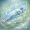 Woman in a flowing dress surrounded by ethereal light and swirling patterns.