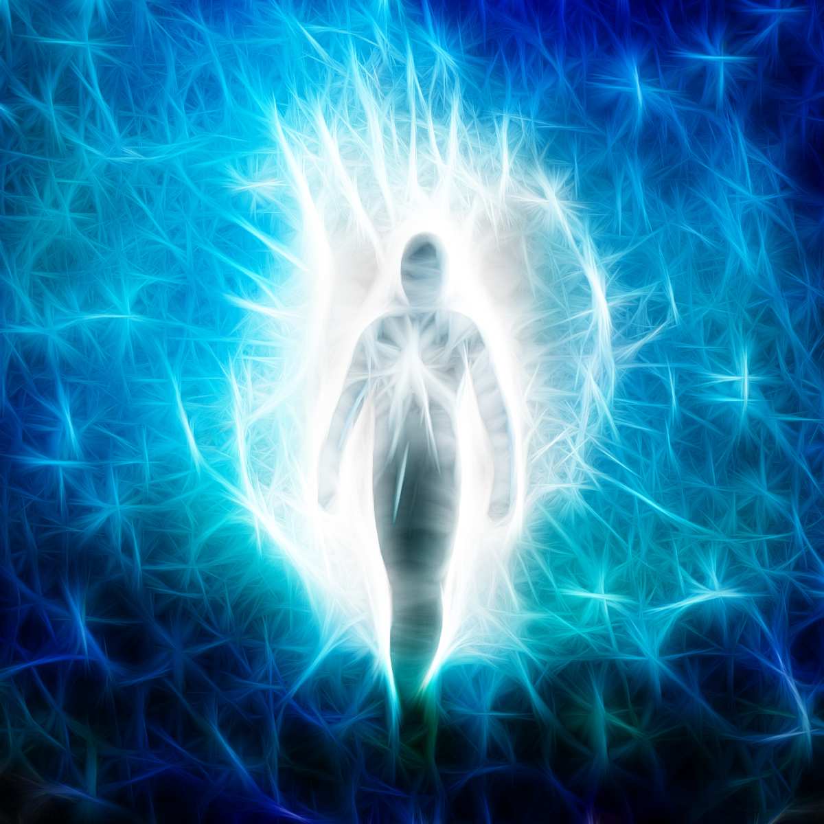 Abstract design of a human figure with blue energy field.