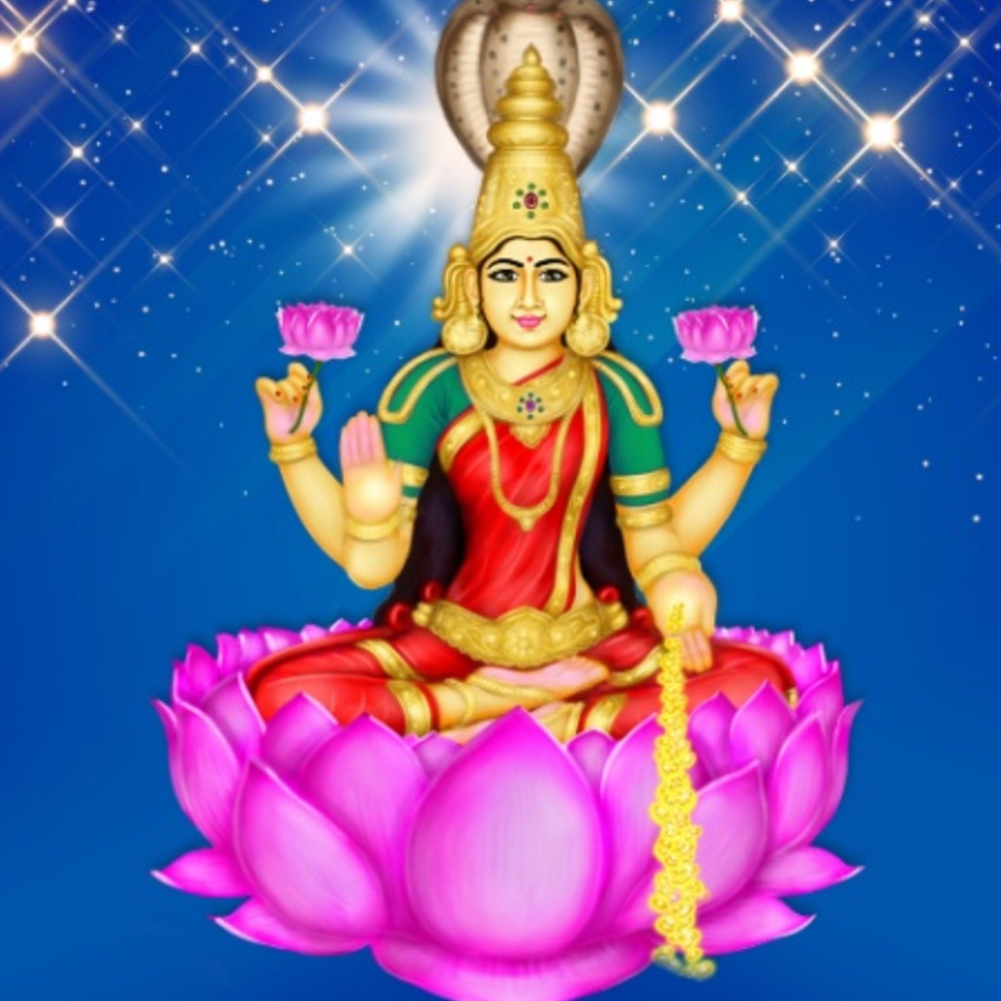 Ultimate Reiki Goddess Lakshmi Integration Treatment: Illustration of Goddess Lakshmi seated on a pink lotus flower, holding lotus flowers, against a blue, starry, divine background.