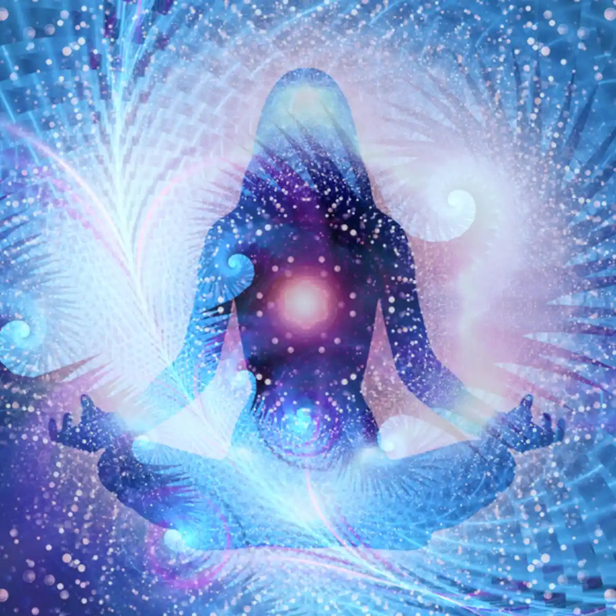 Abstract image of a meditating figure with glowing light emanating from their centre, representing ultimate remote energy healing and spiritual transformation.