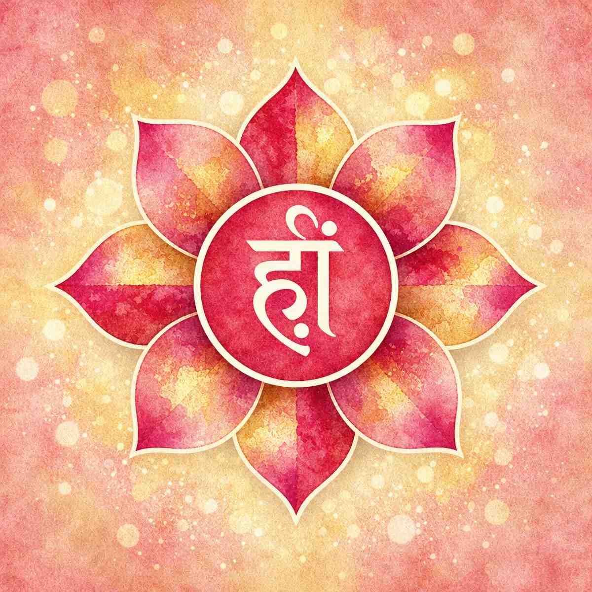 Ruby Sacred Heart Chakra with a white symbol on a pale rose pink background.