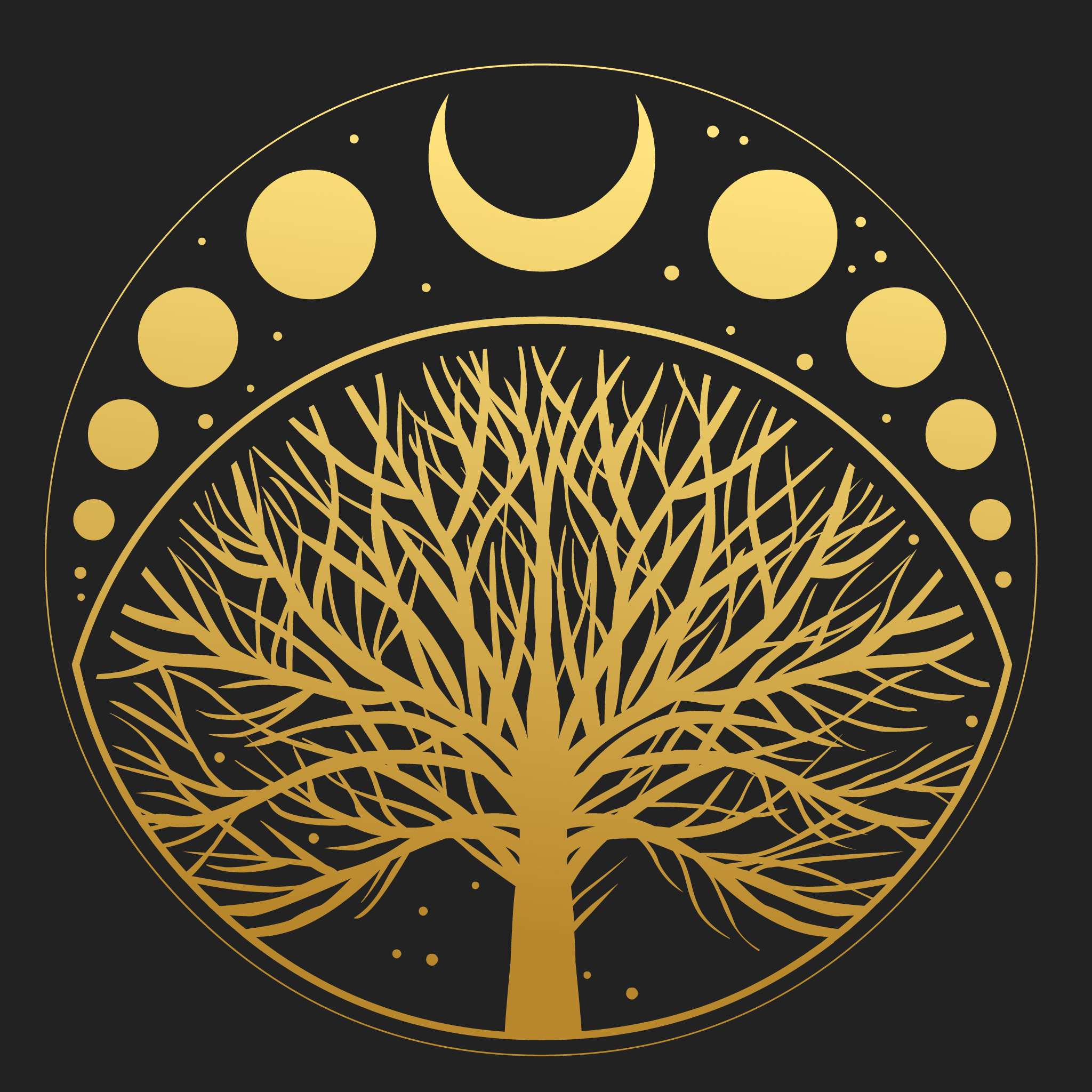A striking gold vector illustration on a black background, featuring a bare-branched Tree of Life inside a circular frame. Above the tree are the phases of the moon, including a crescent and full circles, symbolising the shamanic endless cycle of initiations.