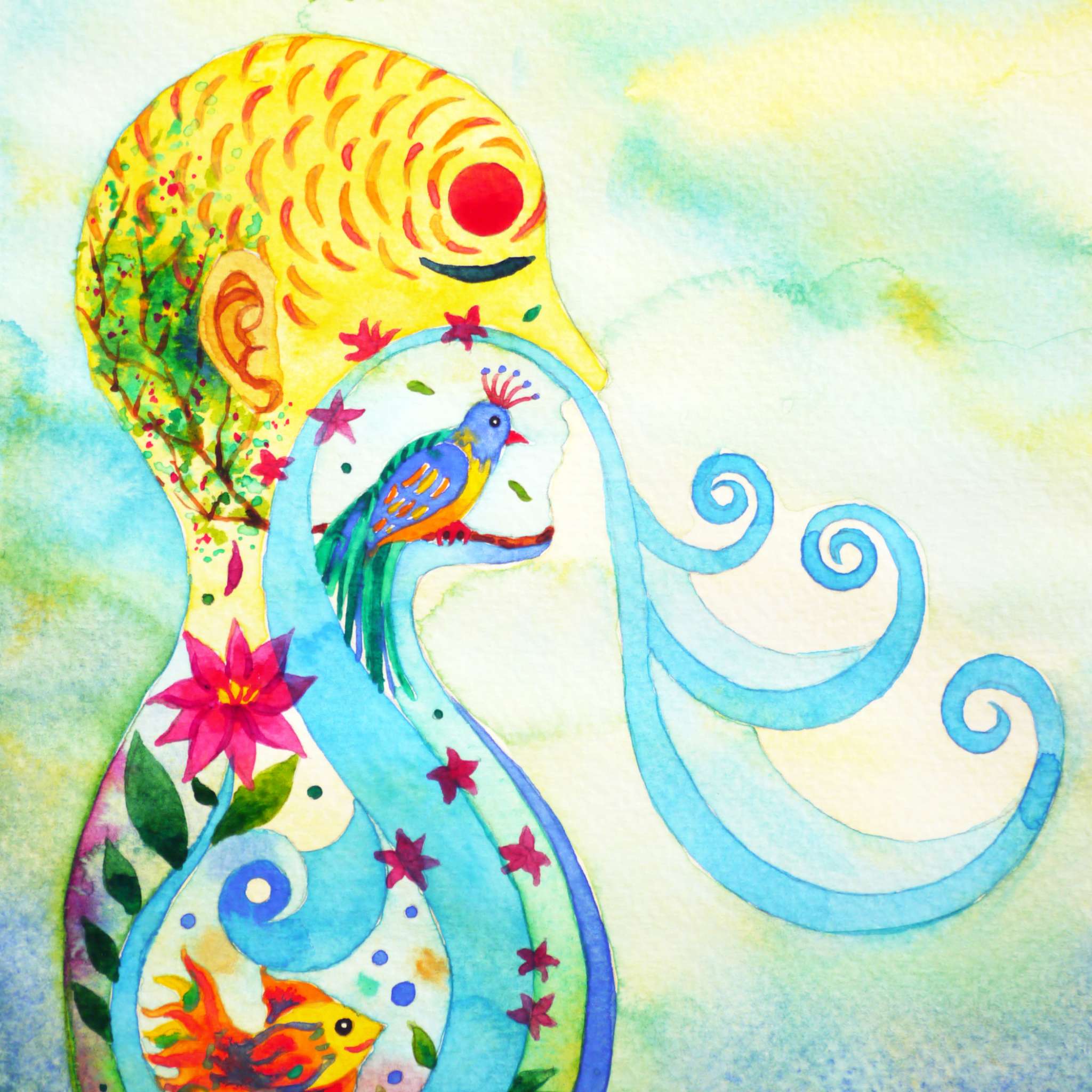 A vibrant, conceptual watercolour painting of a human profile showing the flow of spiritual breath and energy within the body. A yellow head and chest contain colourful elements like a bird, a fish, pink flowers, and growing vines. A blue, flowing, wave-like shape emanates from the mouth, representing spiritual shamanic breath. The background is a soft blend of pale blue and green washes.