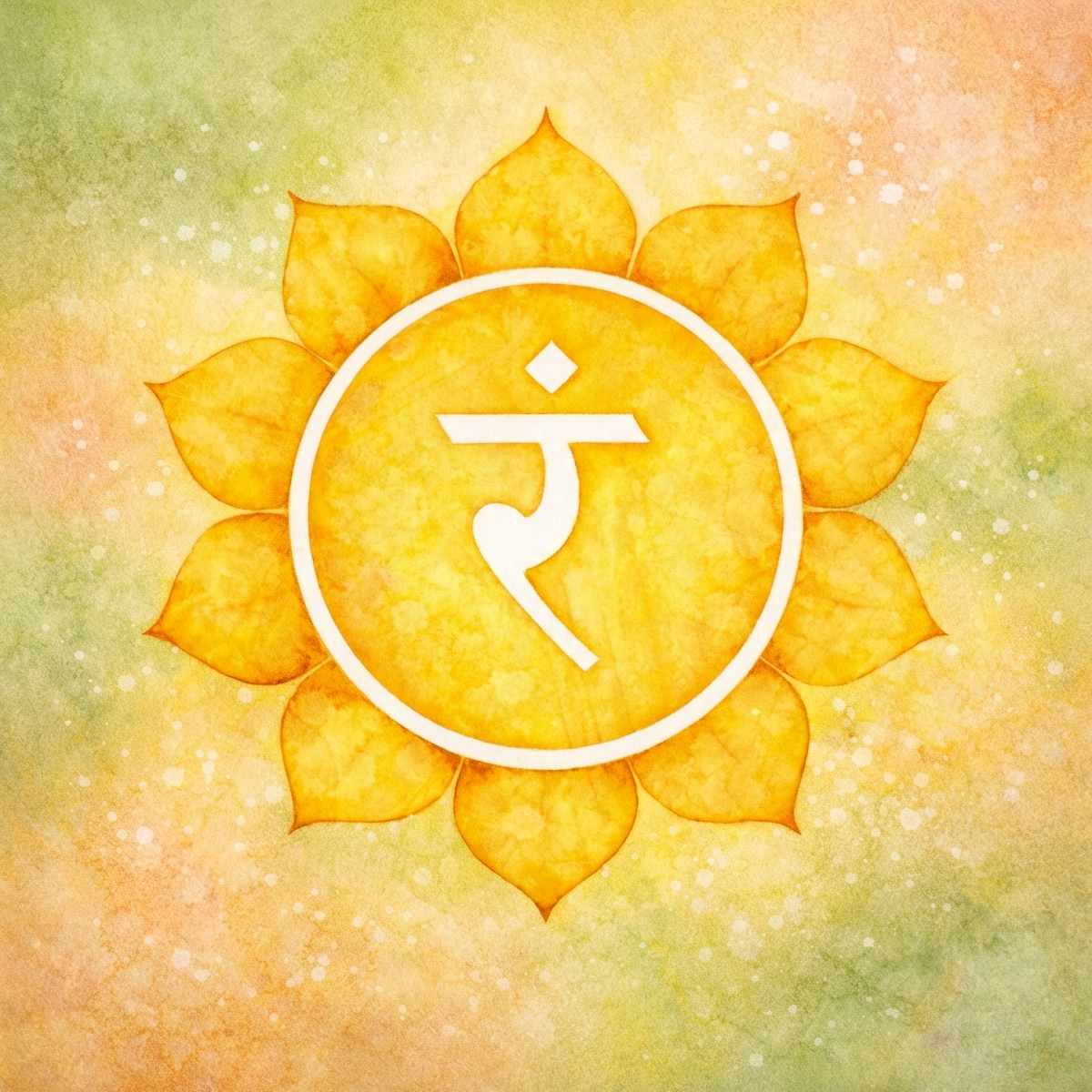 Yellow Solar Plexus Chakra (Manipura) with a white symbol on a light yellow background.