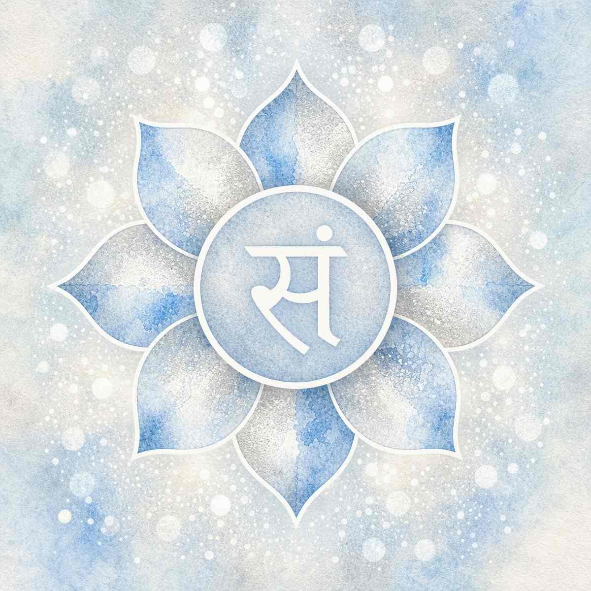 Silver blue Soma Chakra (Amrita Chakra) with a white symbol on light blue background.