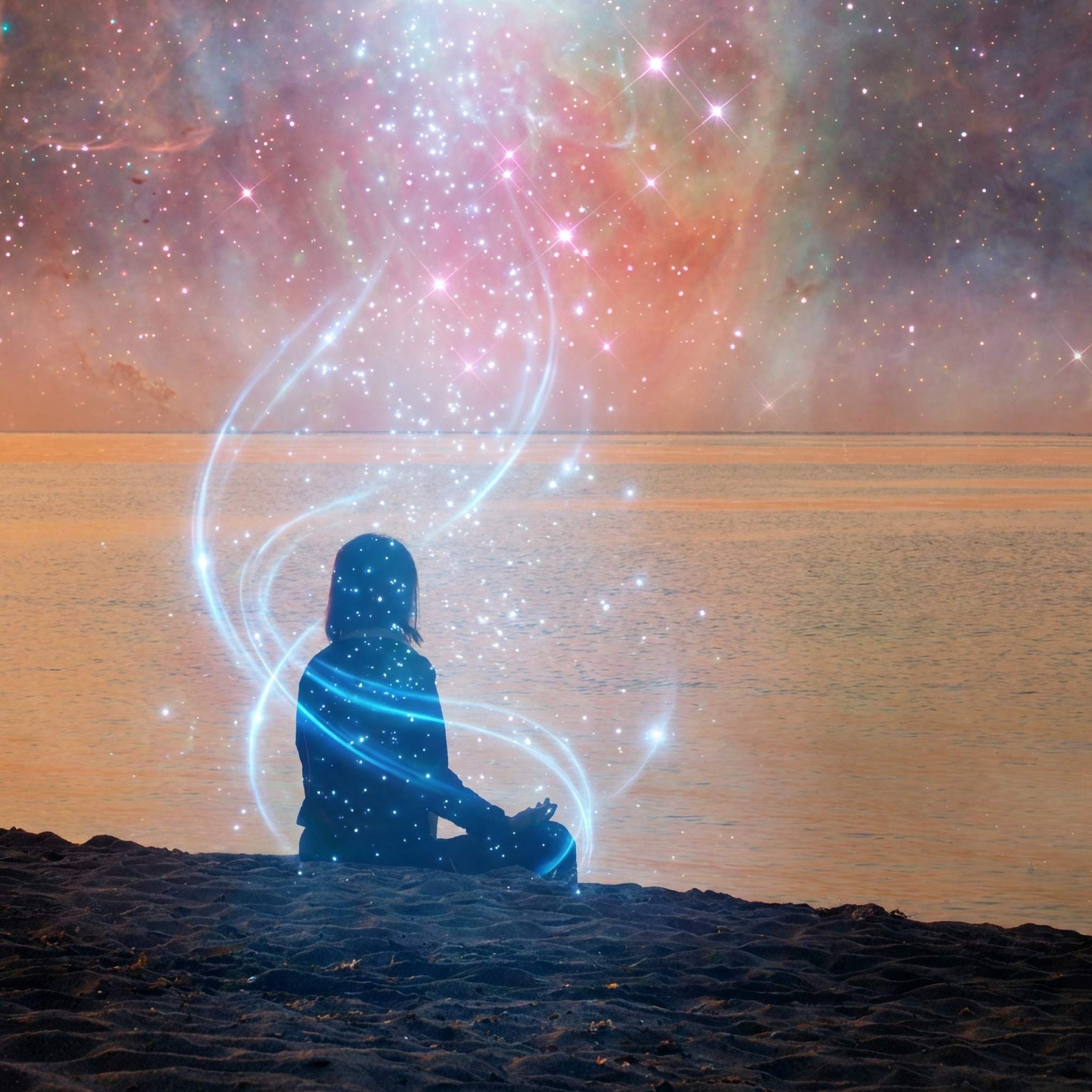 Person meditating on a beach with a cosmic background and light energy.