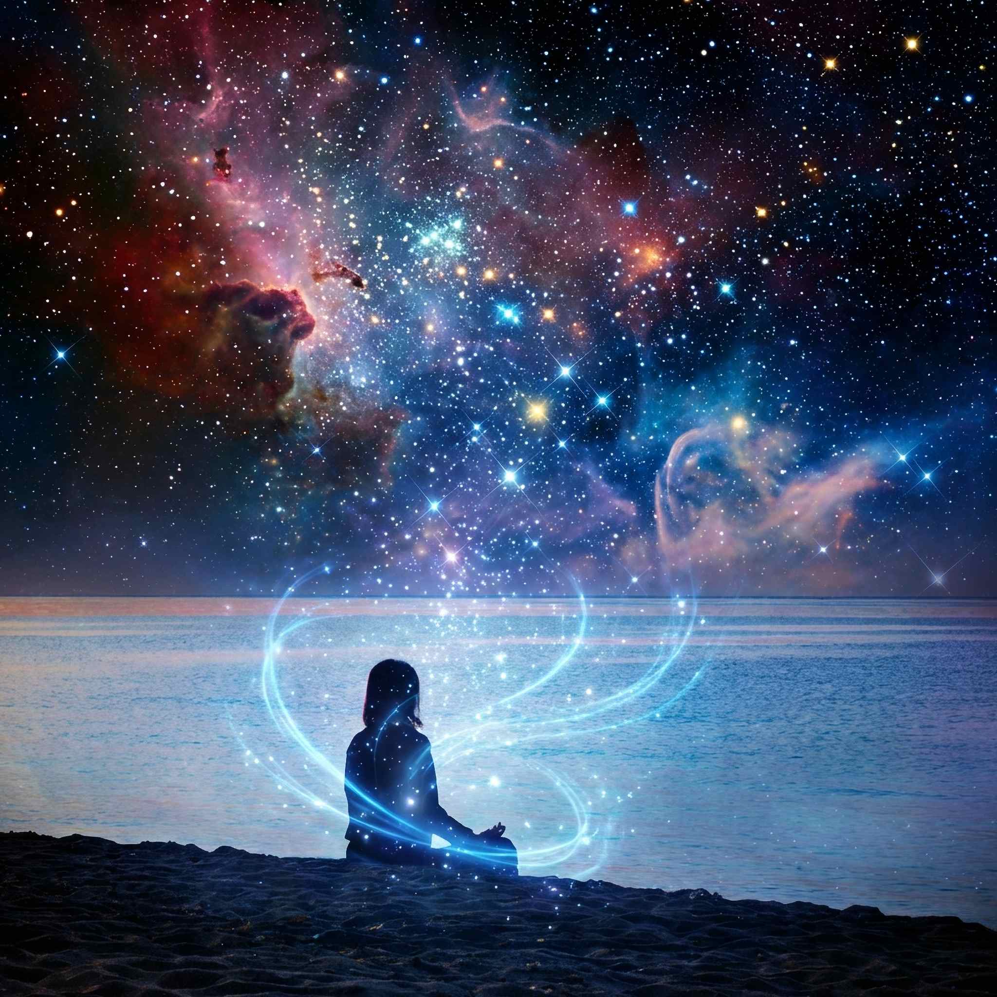 Person sitting on a beach with a cosmic background featuring stars and nebulae.