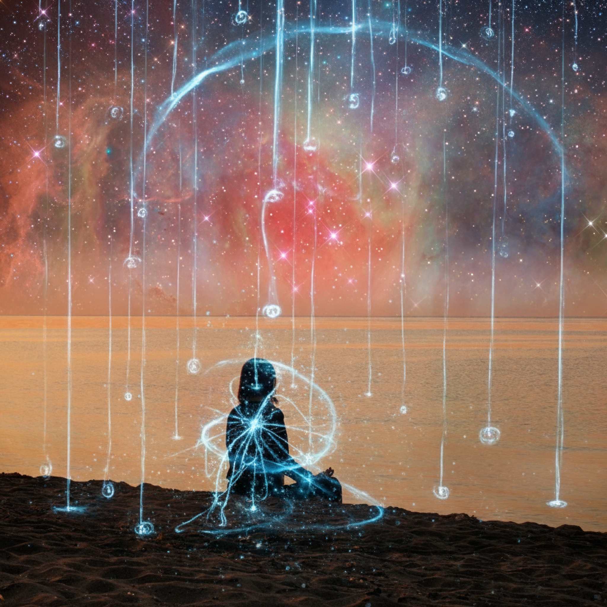 Person sitting on a rock with a mystical light circle, surrounded by a colorful cosmic background.