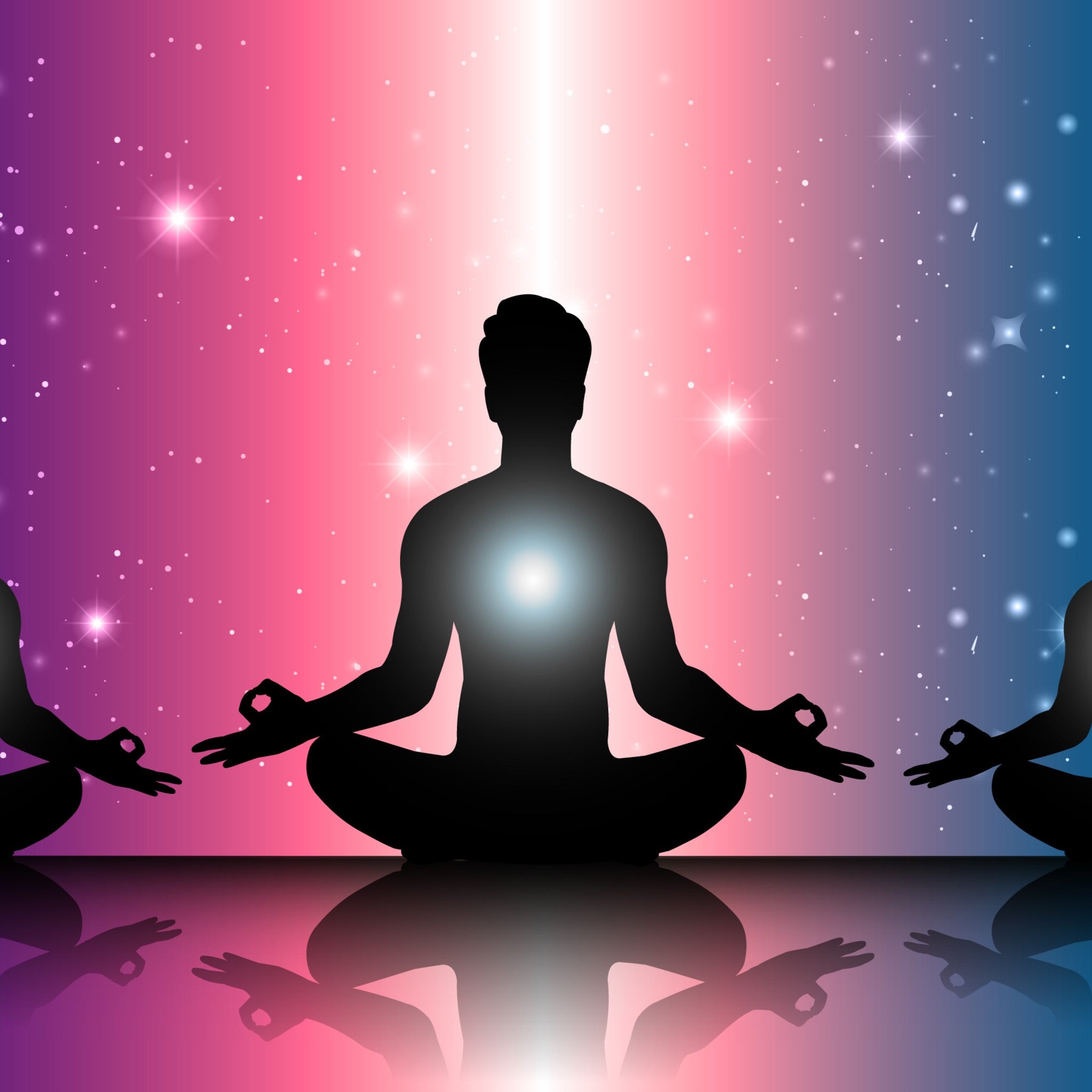 Three meditating silhouettes with glowing energy centres against a cosmic background of pink and blue stars, symbolising soul family connections and spiritual integration.