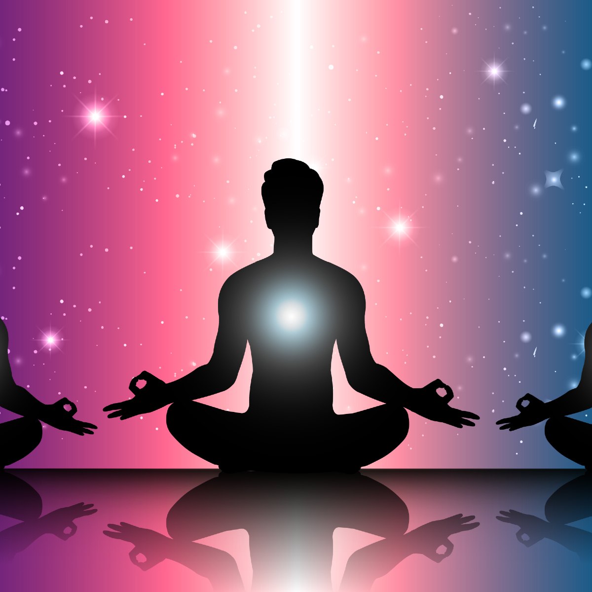 Silhouettes of people meditating against a starry sky background symbolising soul family.