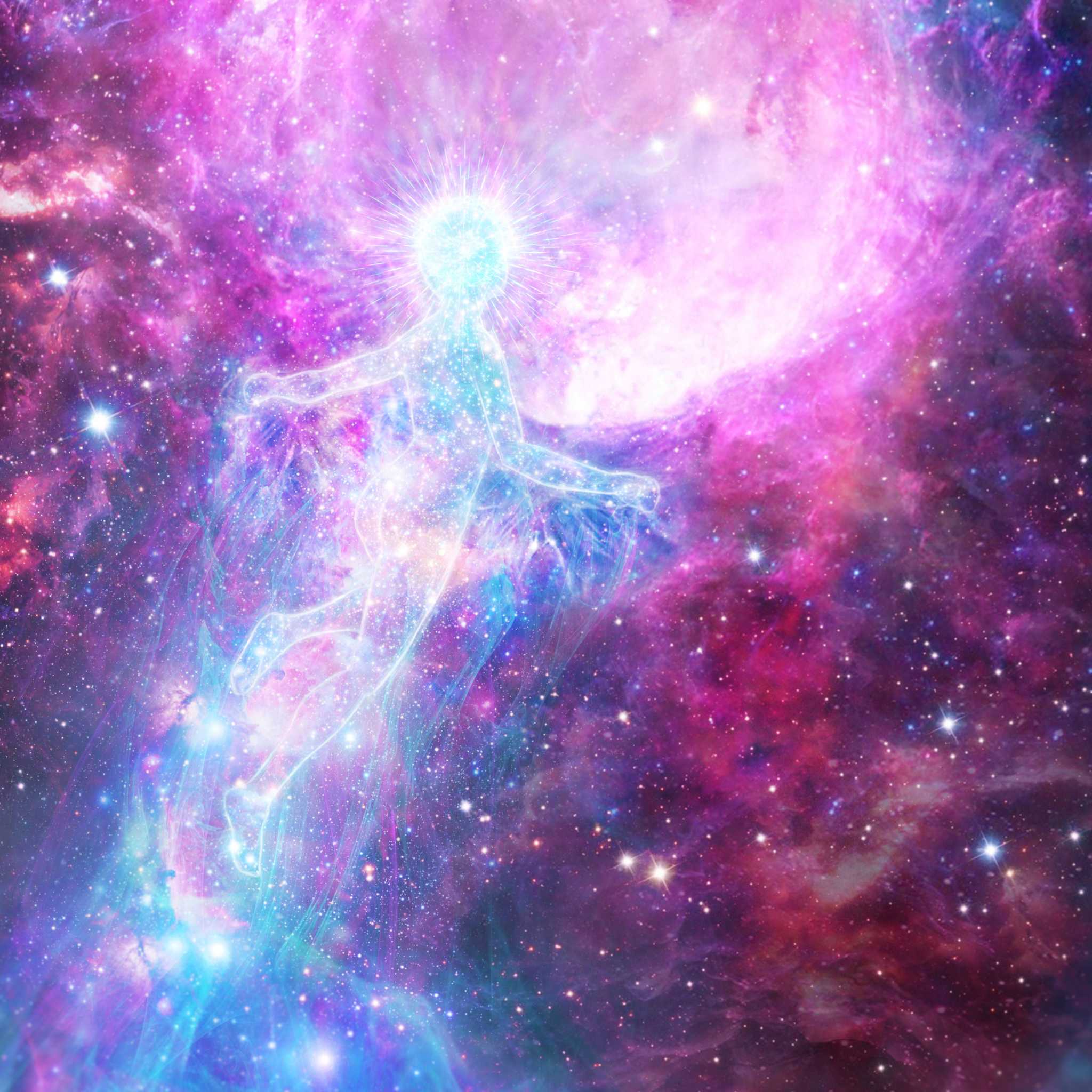 Ultimate Soul Healing Treatment: glowing, ethereal human figure floating in a vibrant galaxy of pink, purple, and blue light.
