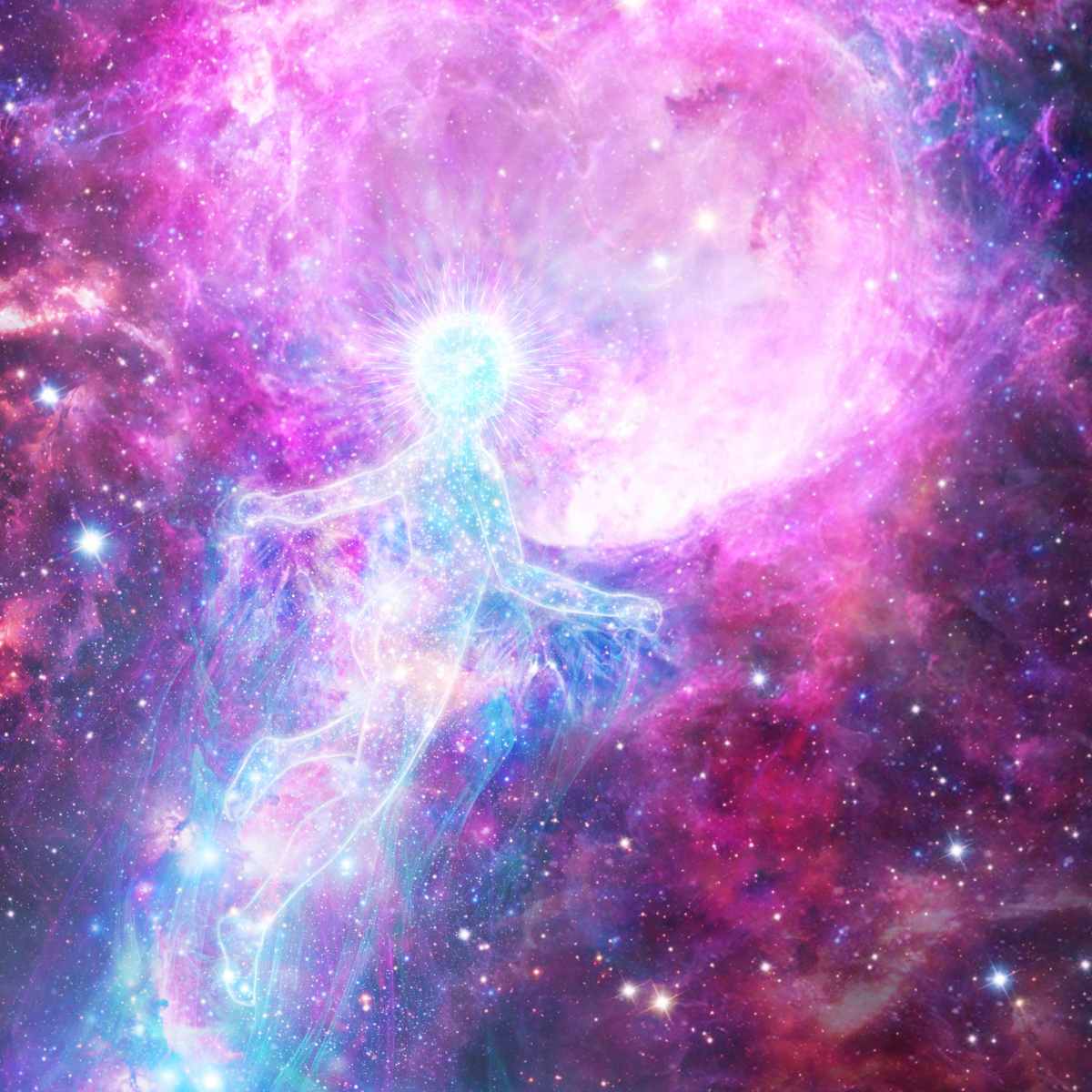 Glowing, ethereal human figure floating in a vibrant galaxy of pink light symbolising soul healing.