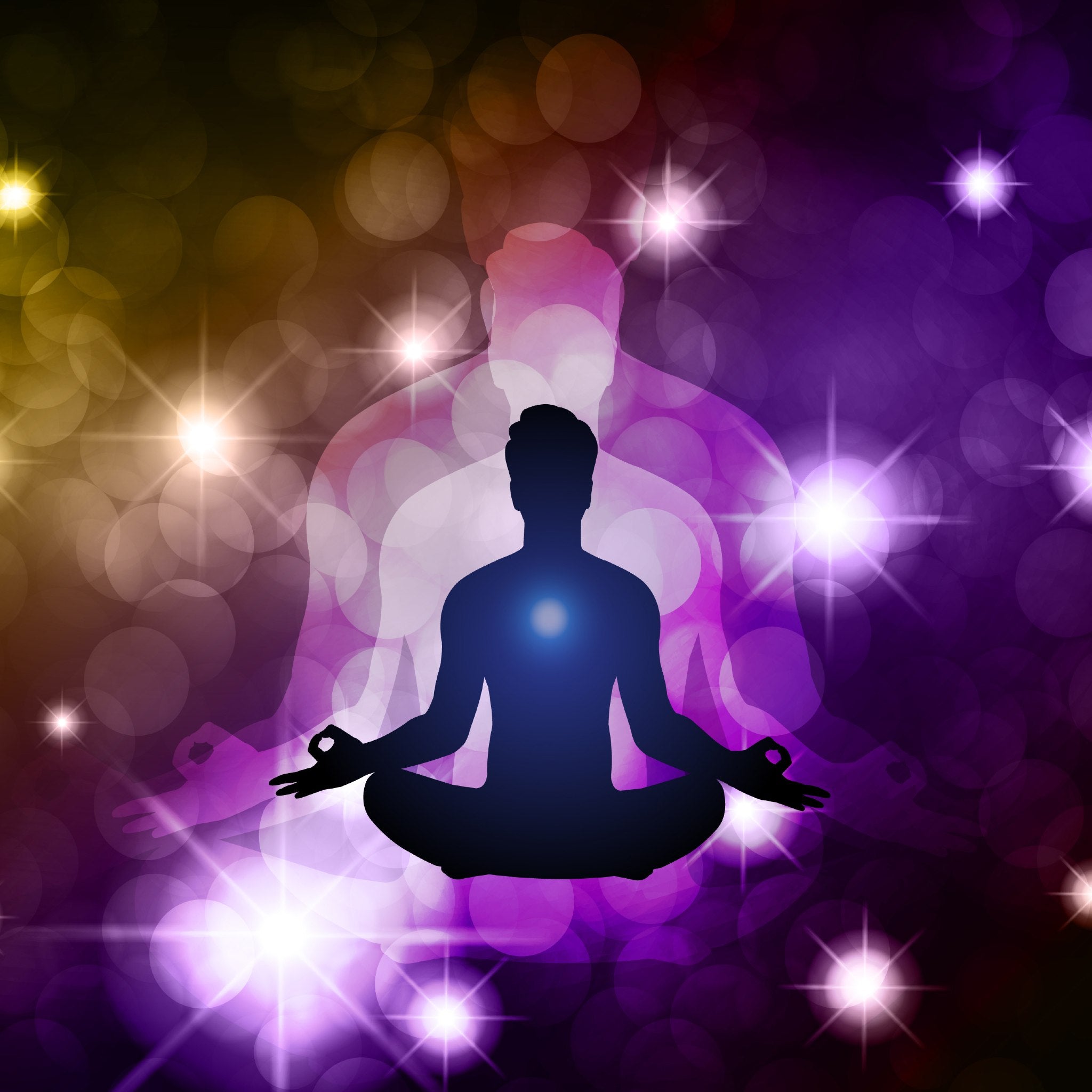 A meditating silhouette with a blue heart centre, against a background of sparkling purple and gold bokeh lights, representing spiritual abundance enhancement.