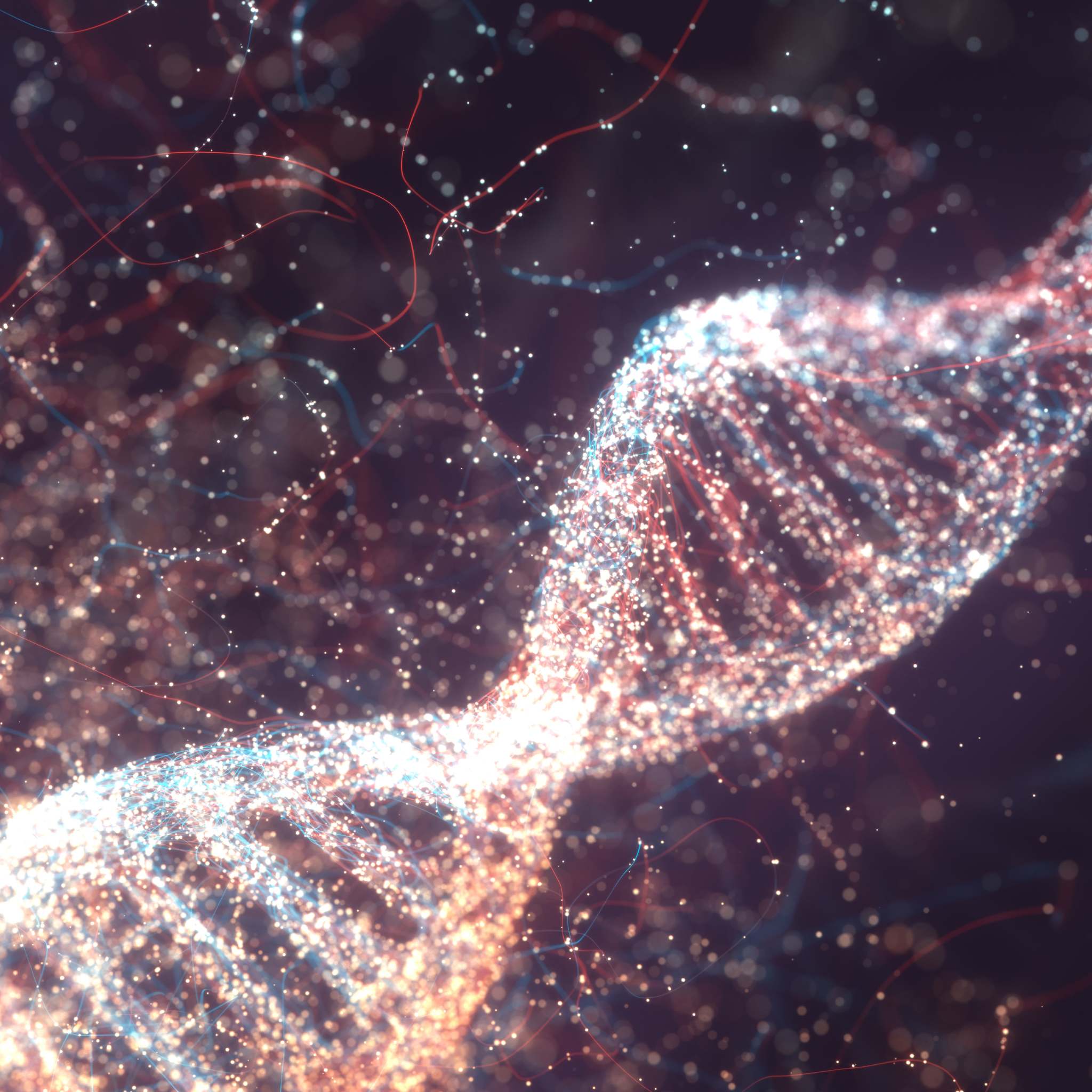 Spiritual and energetic representation of a DNA double helix with glowing particles.