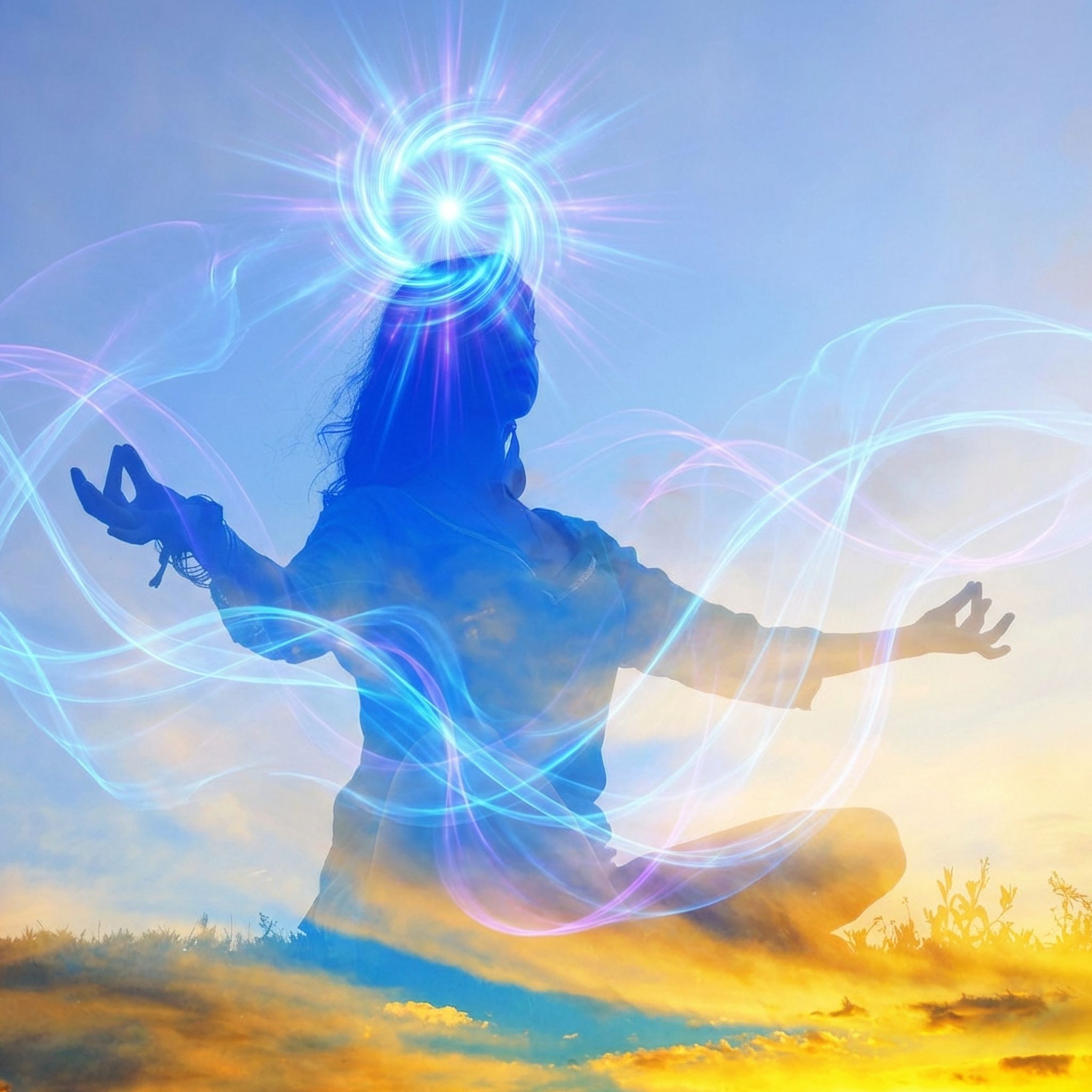 Person meditating with a bright light above, set against a sunset sky.