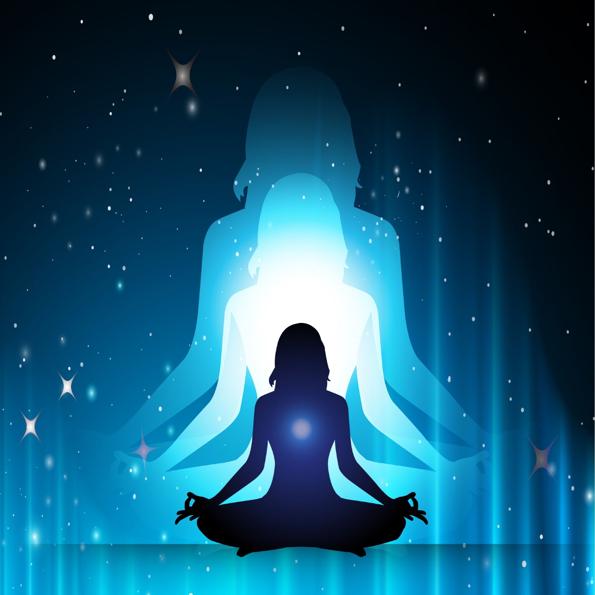 A meditating silhouette against a starry blue background, overlaid with a larger, bright white and blue ethereal shadow, representing spiritual realignment.