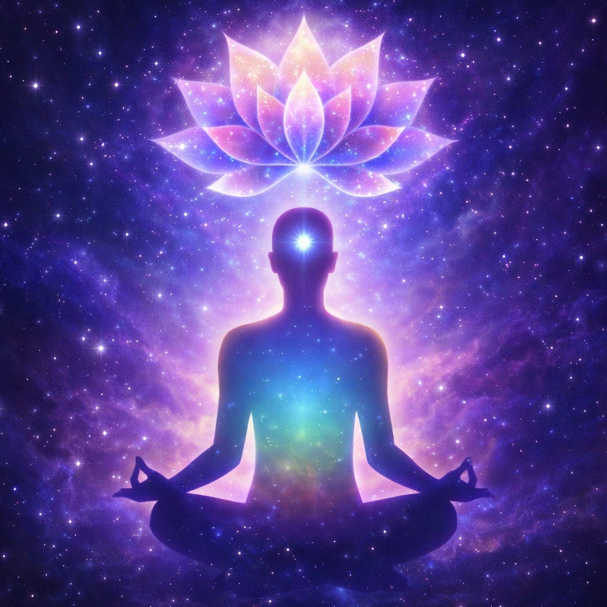 Silhouette of a meditating person with a lotus flower above their head against a starry space background.