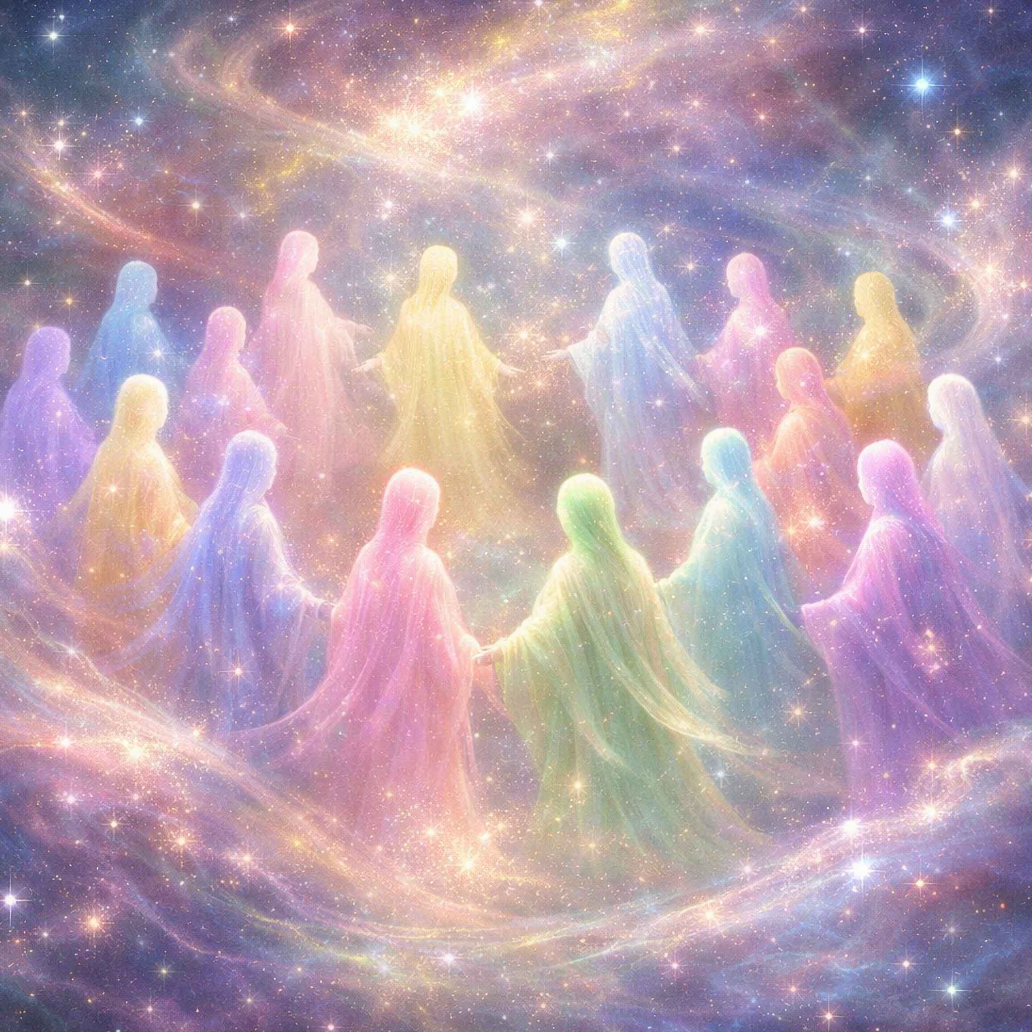 Pastel-colored ethereal soul family figures against a cosmic background.