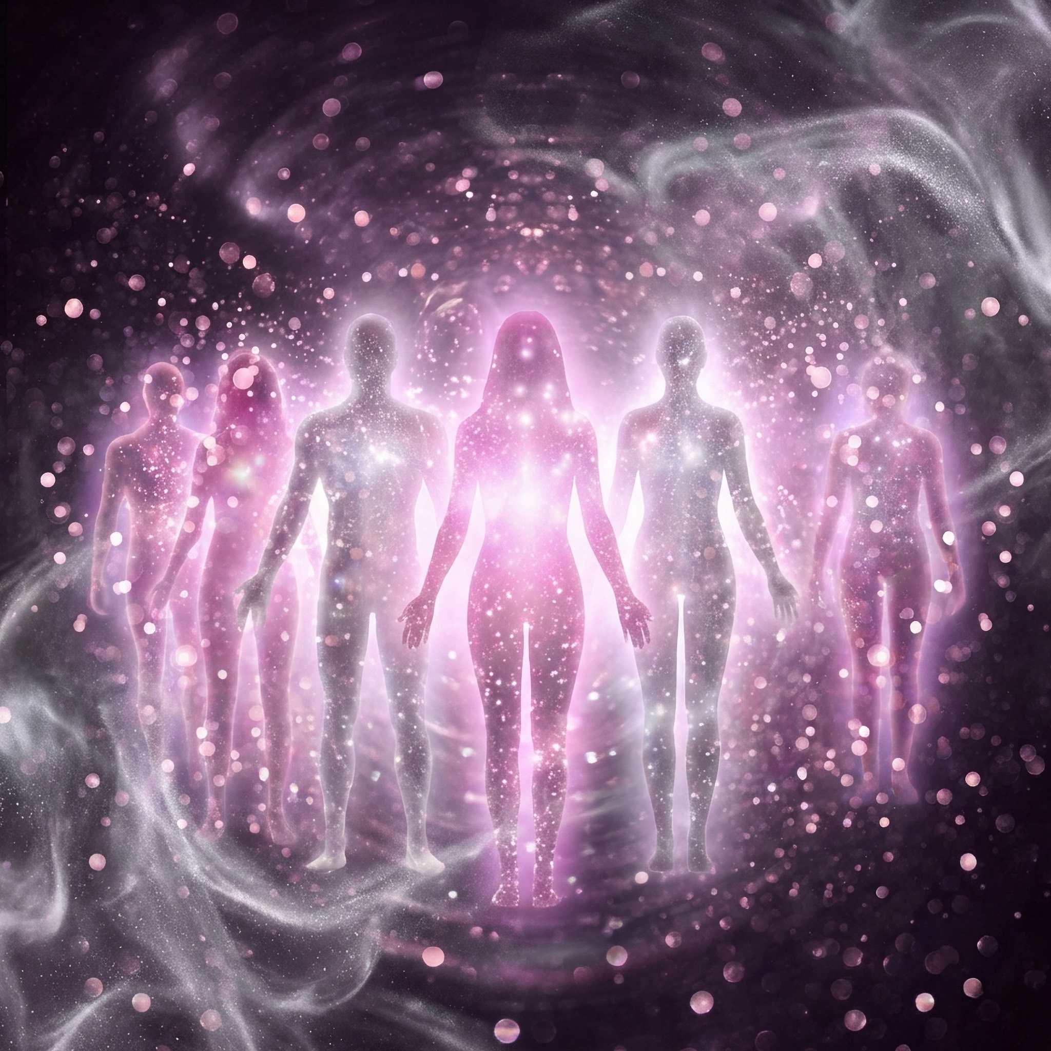 Silhouettes of people with a glowing pink aura against a dark, starry background.