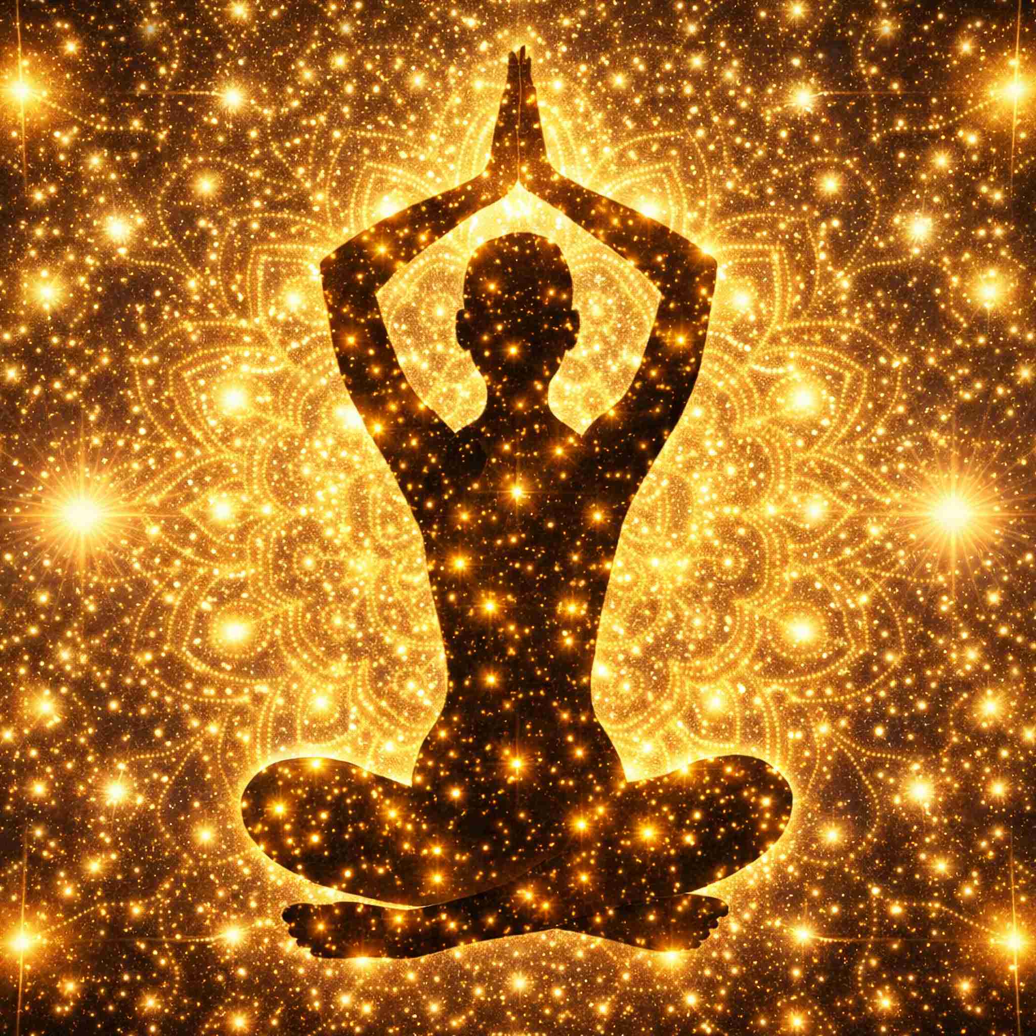 Silhouette of a person in a yoga pose against a golden, starry background.