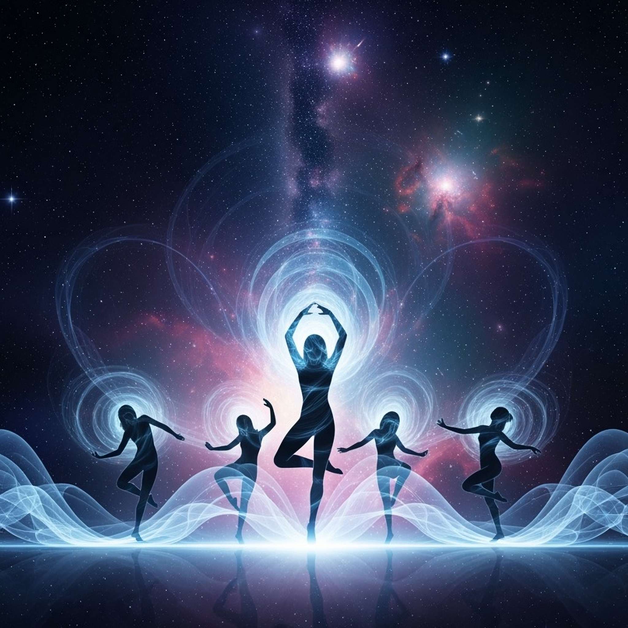 Silhouettes of dancers against a cosmic background with stars and nebulae.