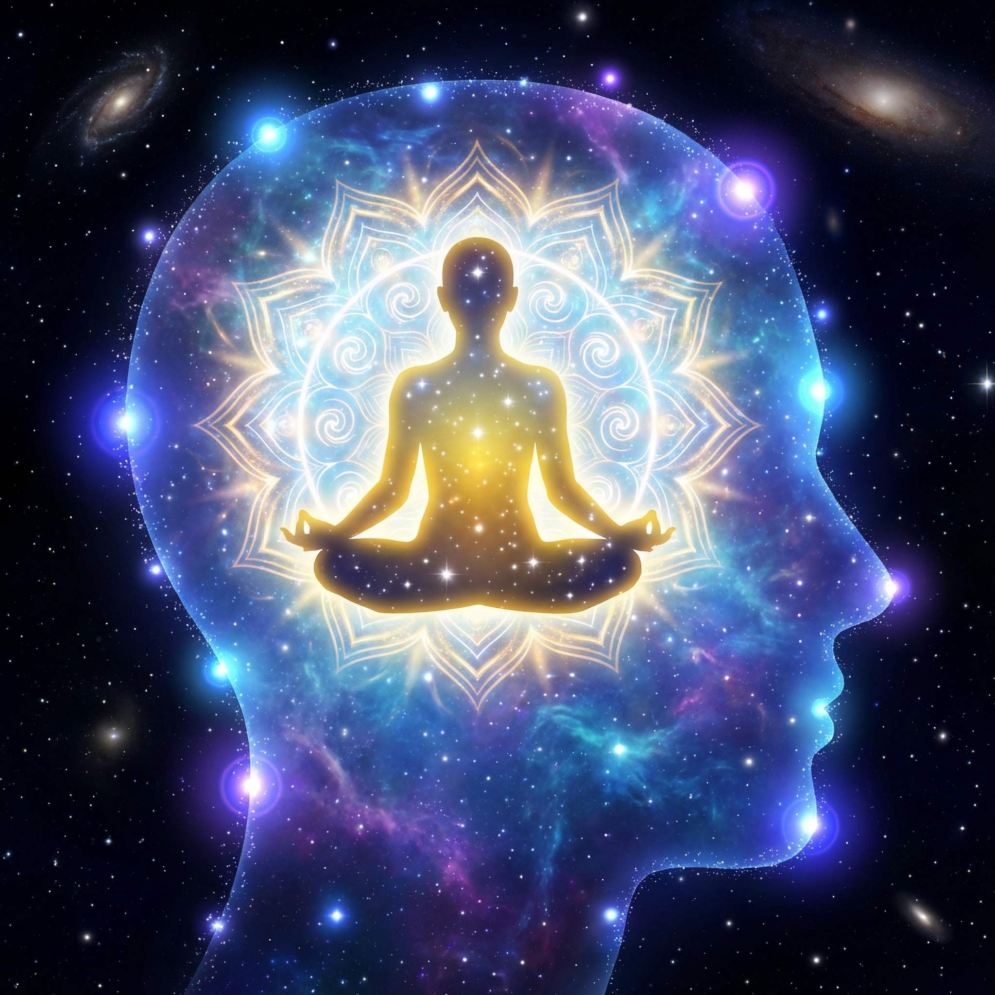 Meditation illustration with a silhouette of a person in a lotus position inside a stylised human head against a cosmic background.