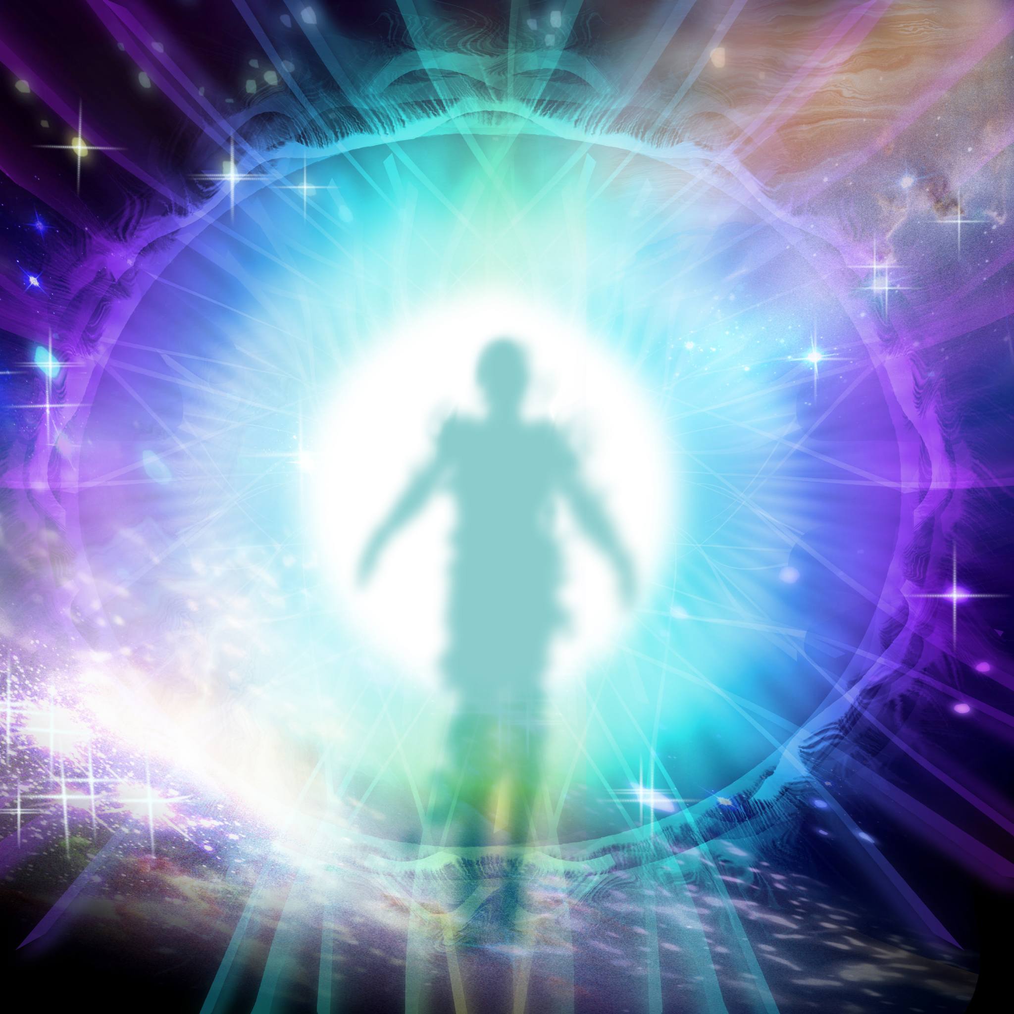 Ultimate Starseed Healing Treatment: bright light portal with a glowing human silhouette in the centre, surrounded by purple and blue cosmic energy.