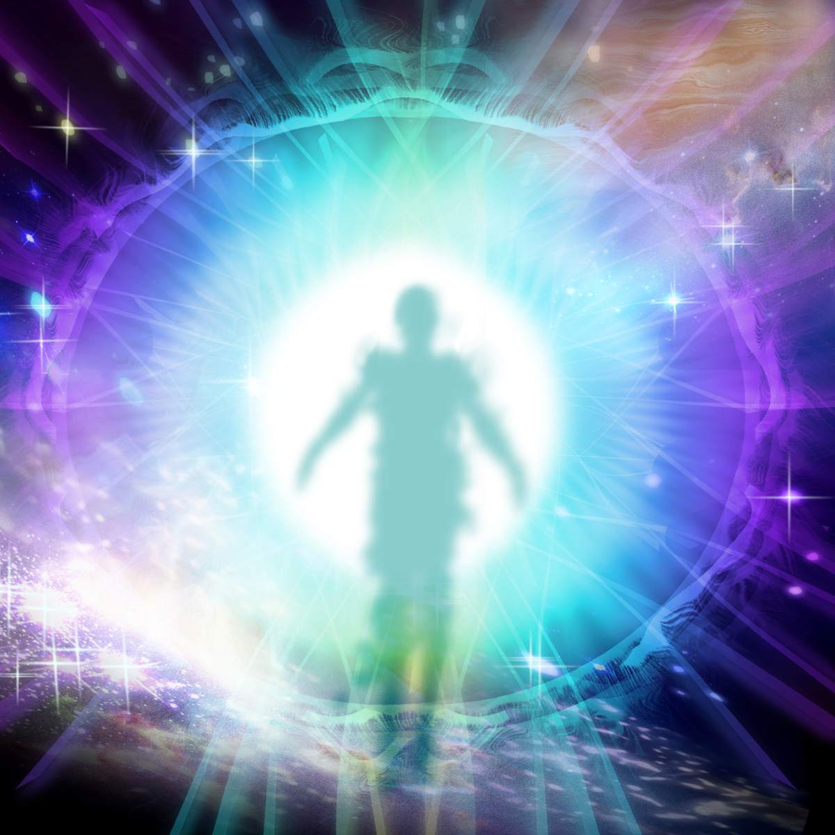 Silhouette of a person with a radiant, colourful starseed aura against a starry background.