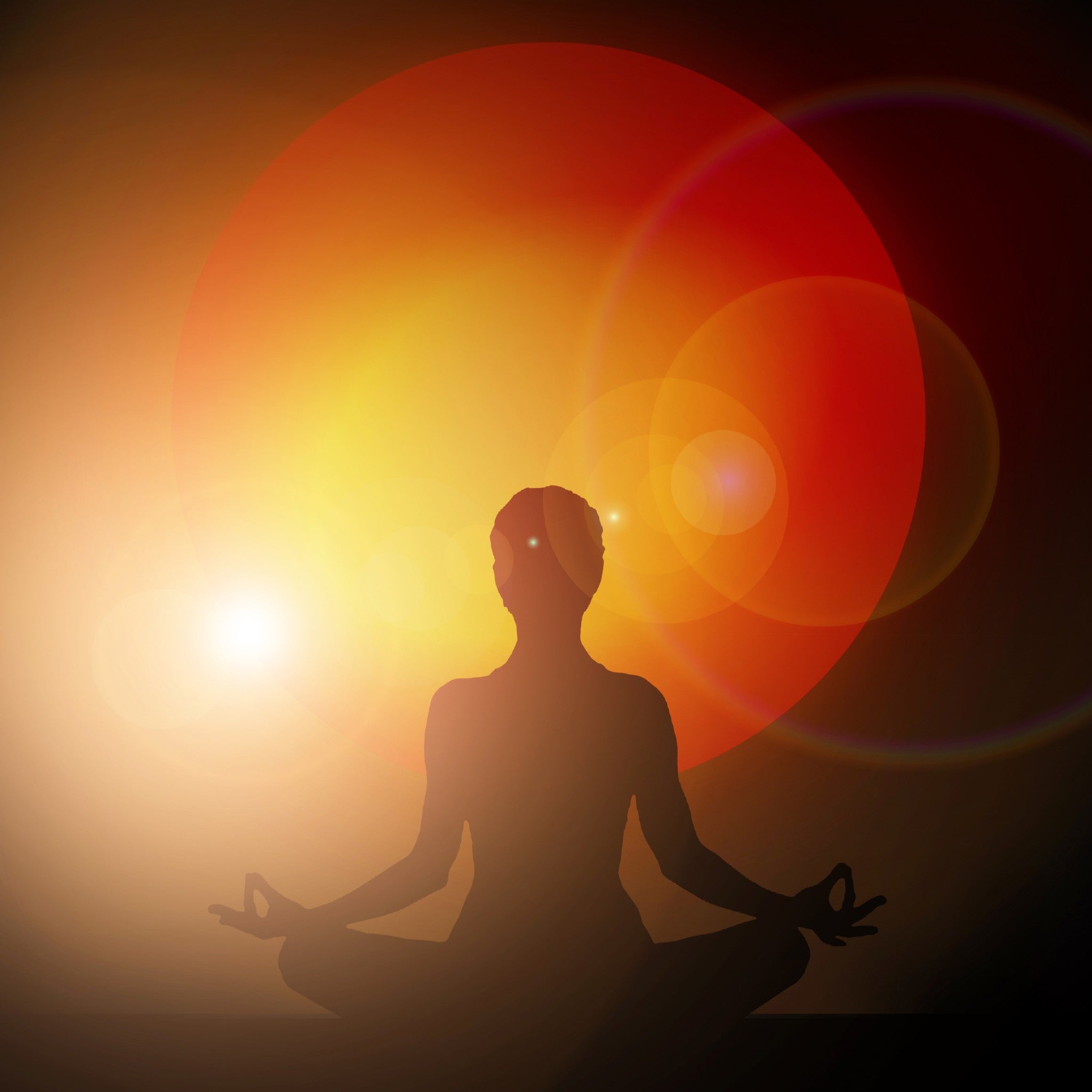 A meditating figure's silhouette against a bright orange and red sunburst glow, representing stellar gateway chakra 999 spiritual integration.