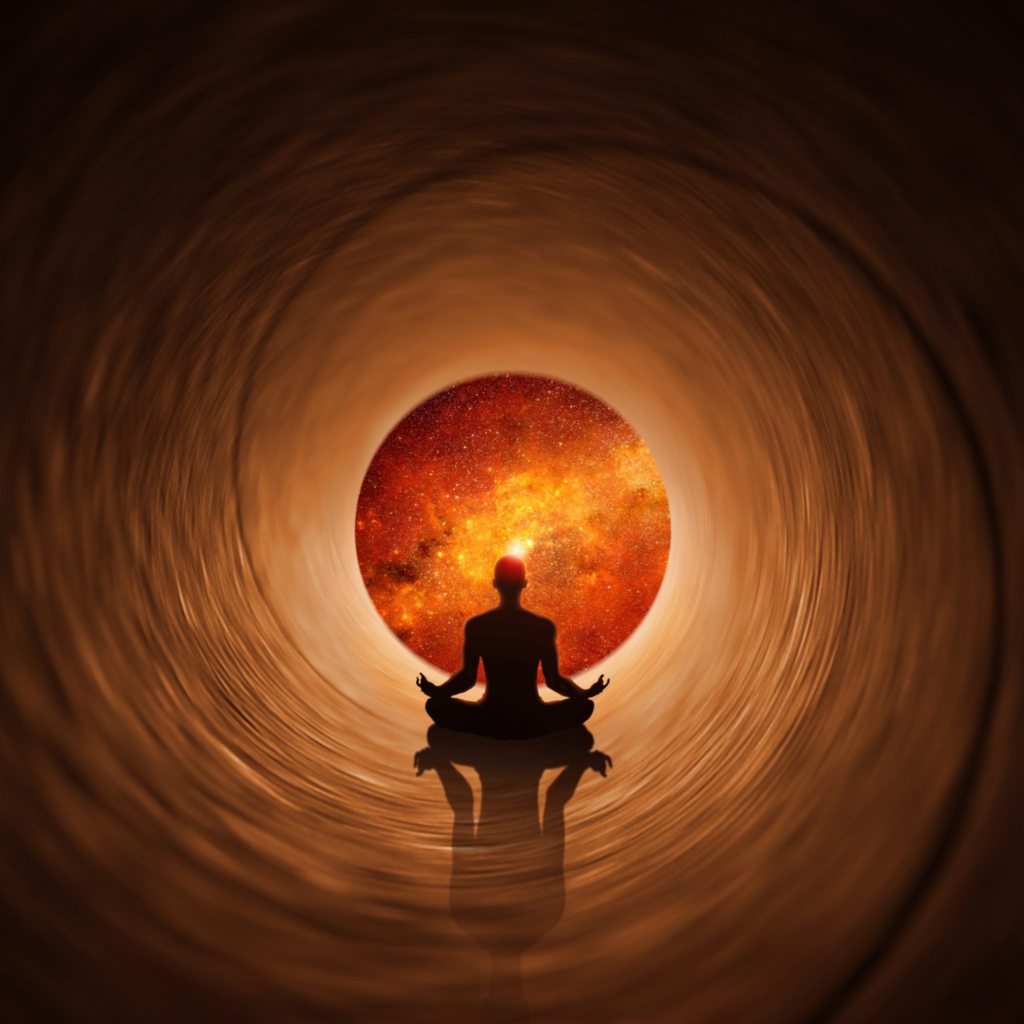 A meditating silhouette inside a swirling orange-brown tunnel, facing a bright, fiery nebula, representing Stellar Gateway Chakra enhancement.