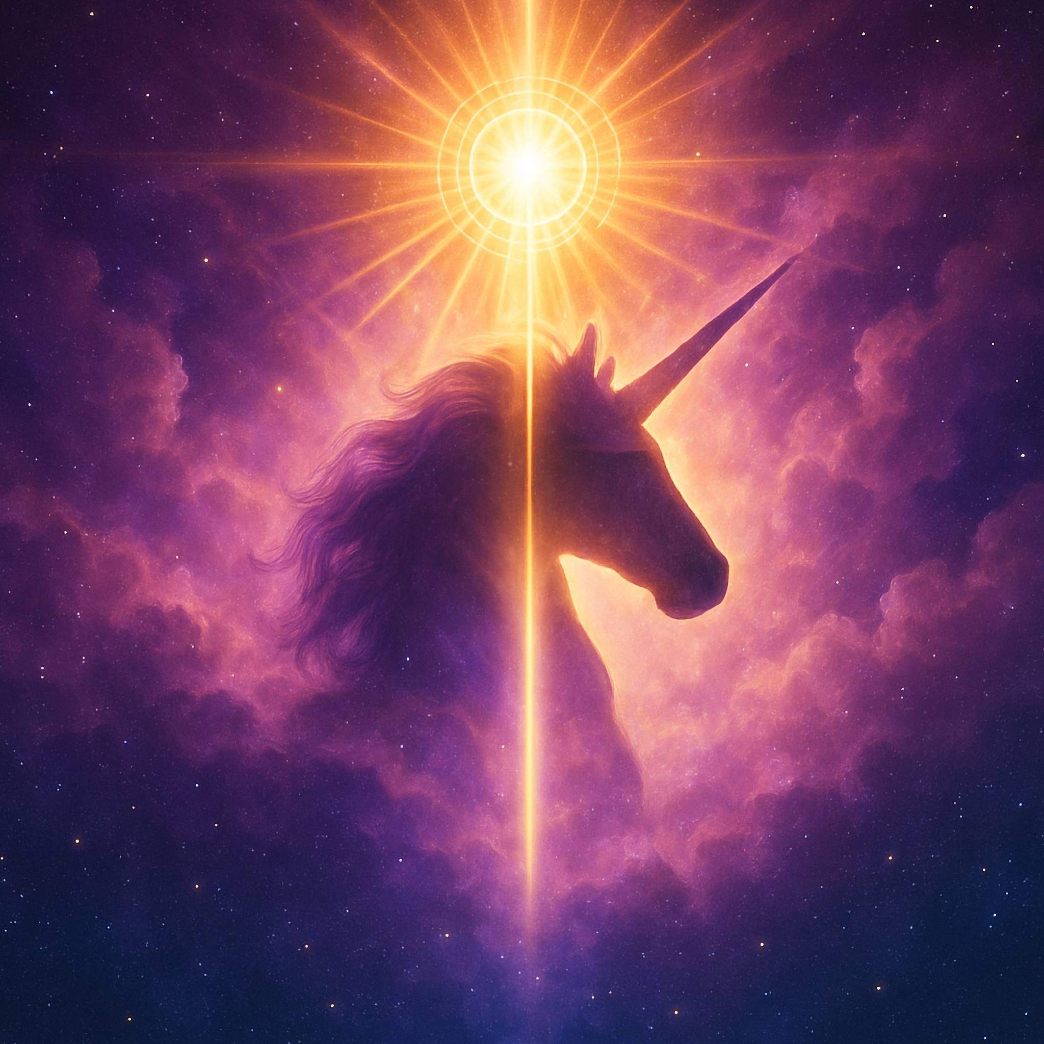 Silhouette of a unicorn under a bright light, representing the stellar gateway chakra.