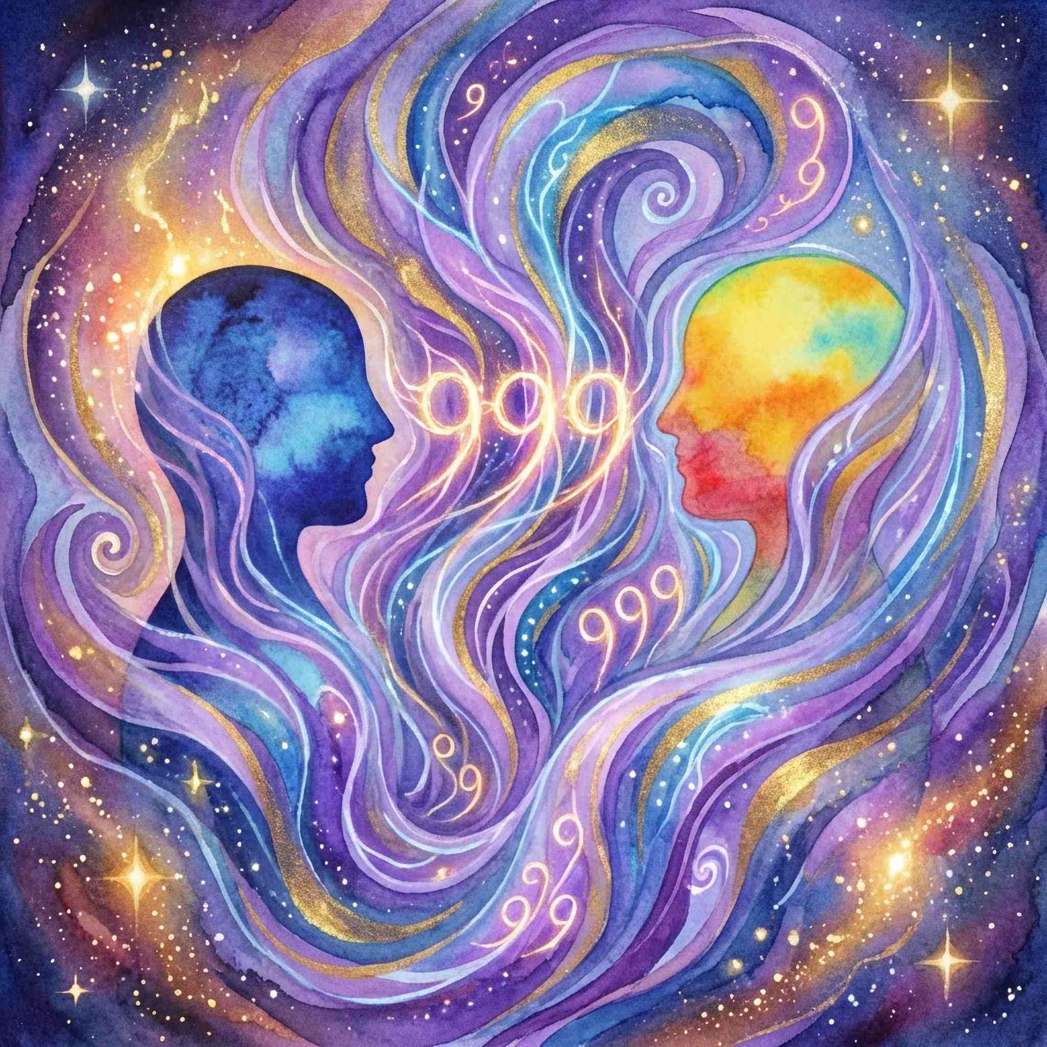 Artistic depiction of two faces intertwined with cosmic elements and 999 energy.