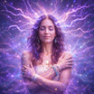 Woman with closed eyes surrounded by a mystical purple energy field.