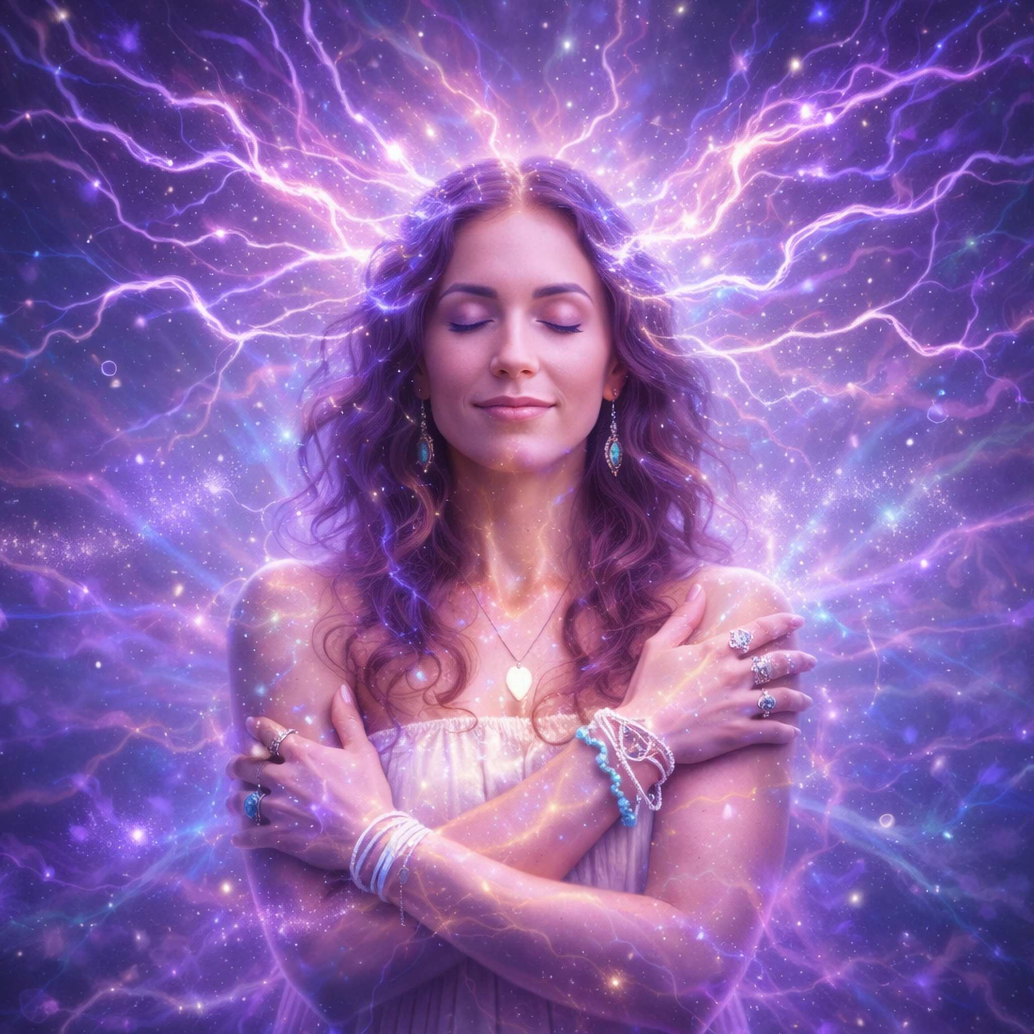 Woman with closed eyes surrounded by a mystical purple energy field.
