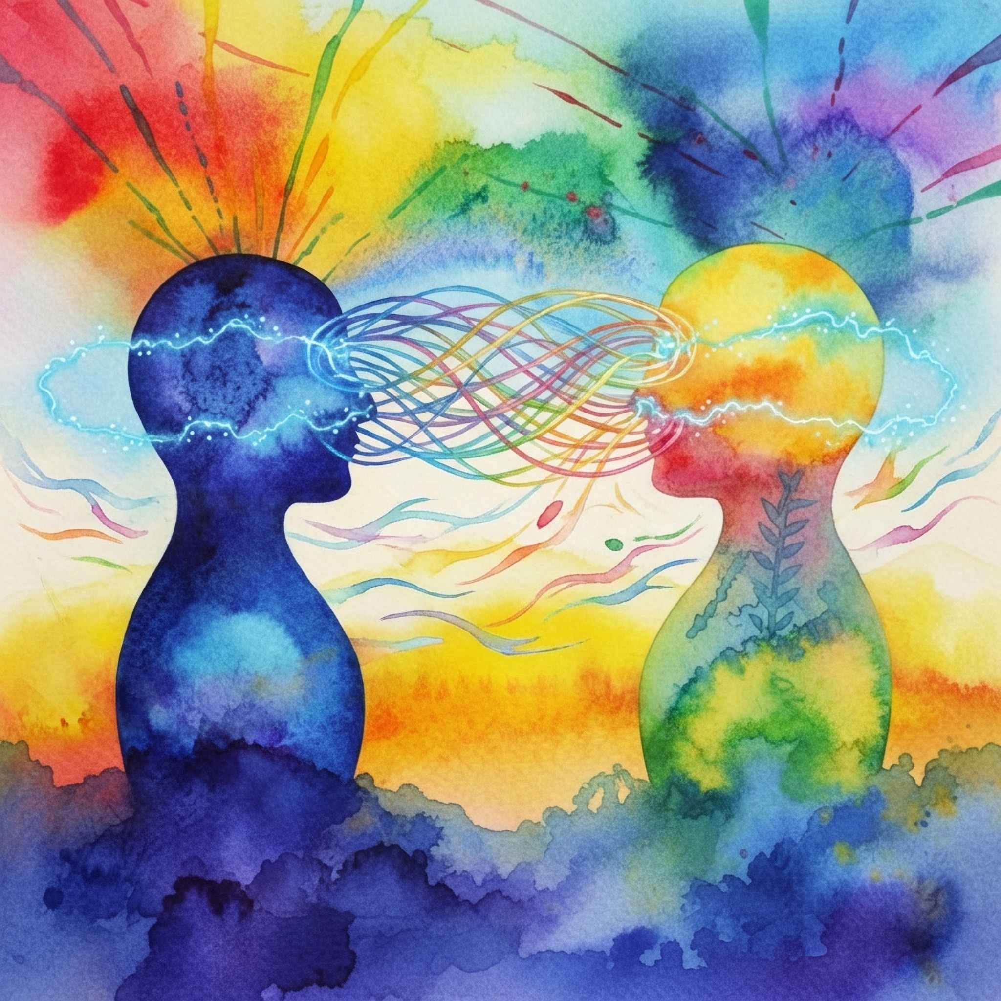 Colorful abstract painting of two silhouetted figures with energy beams between them.