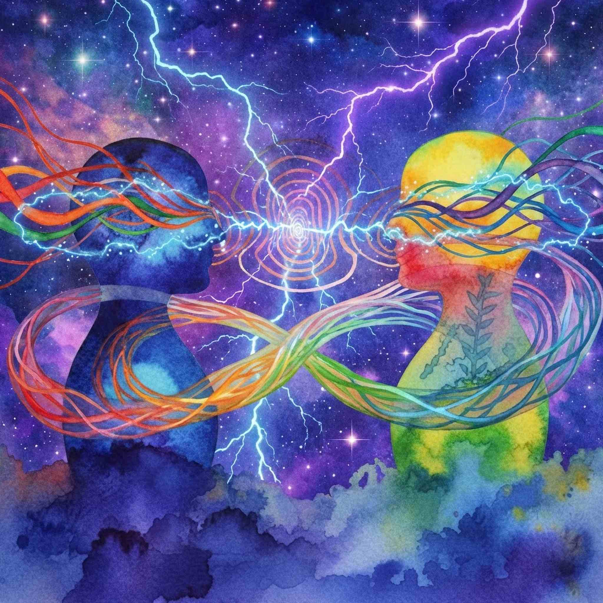 Artistic depiction of two figures with colourful energy streams against a cosmic background.